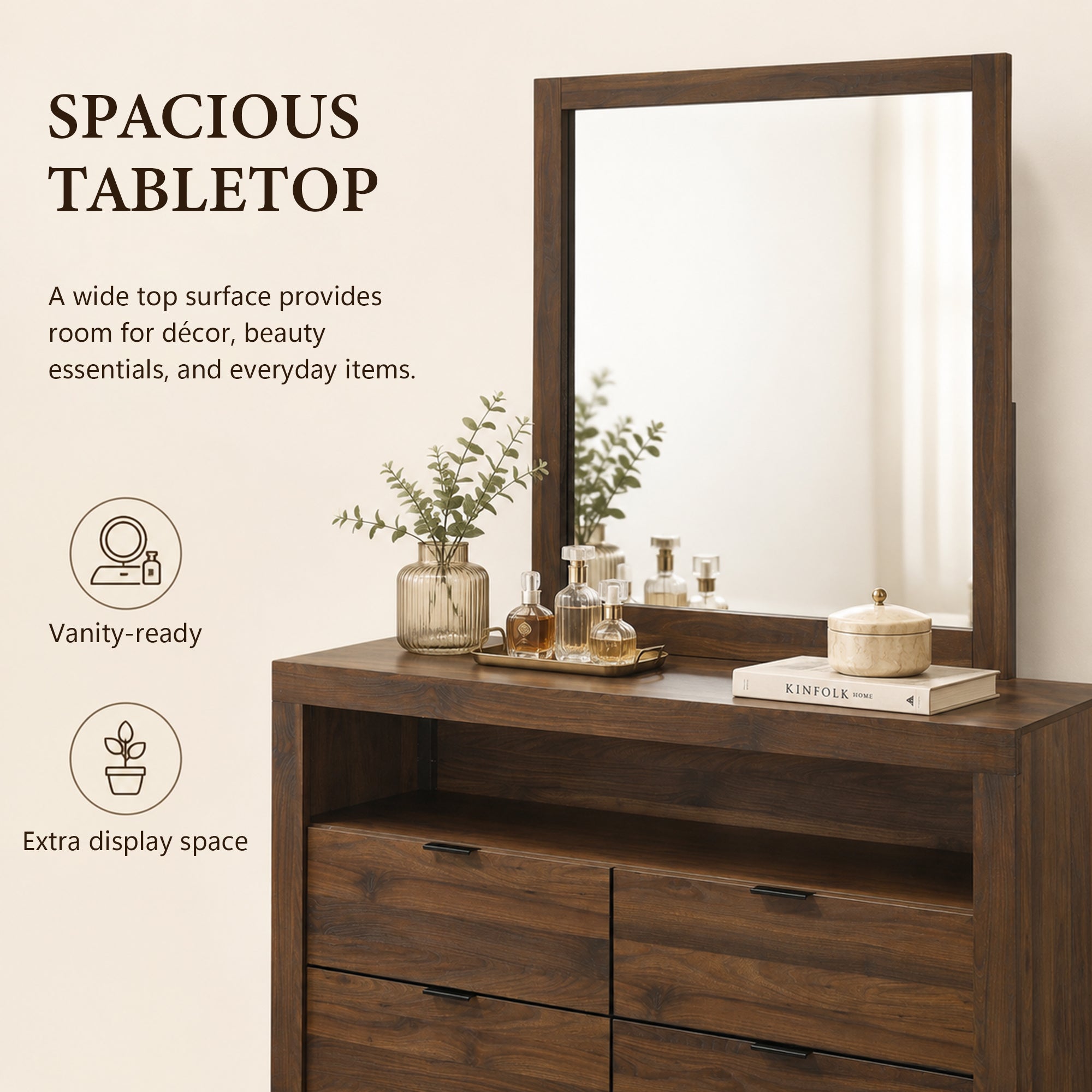Contemporary Walnut Dresser with Optional Mirror, Finger Pull Drawers & Solid Wood Construction