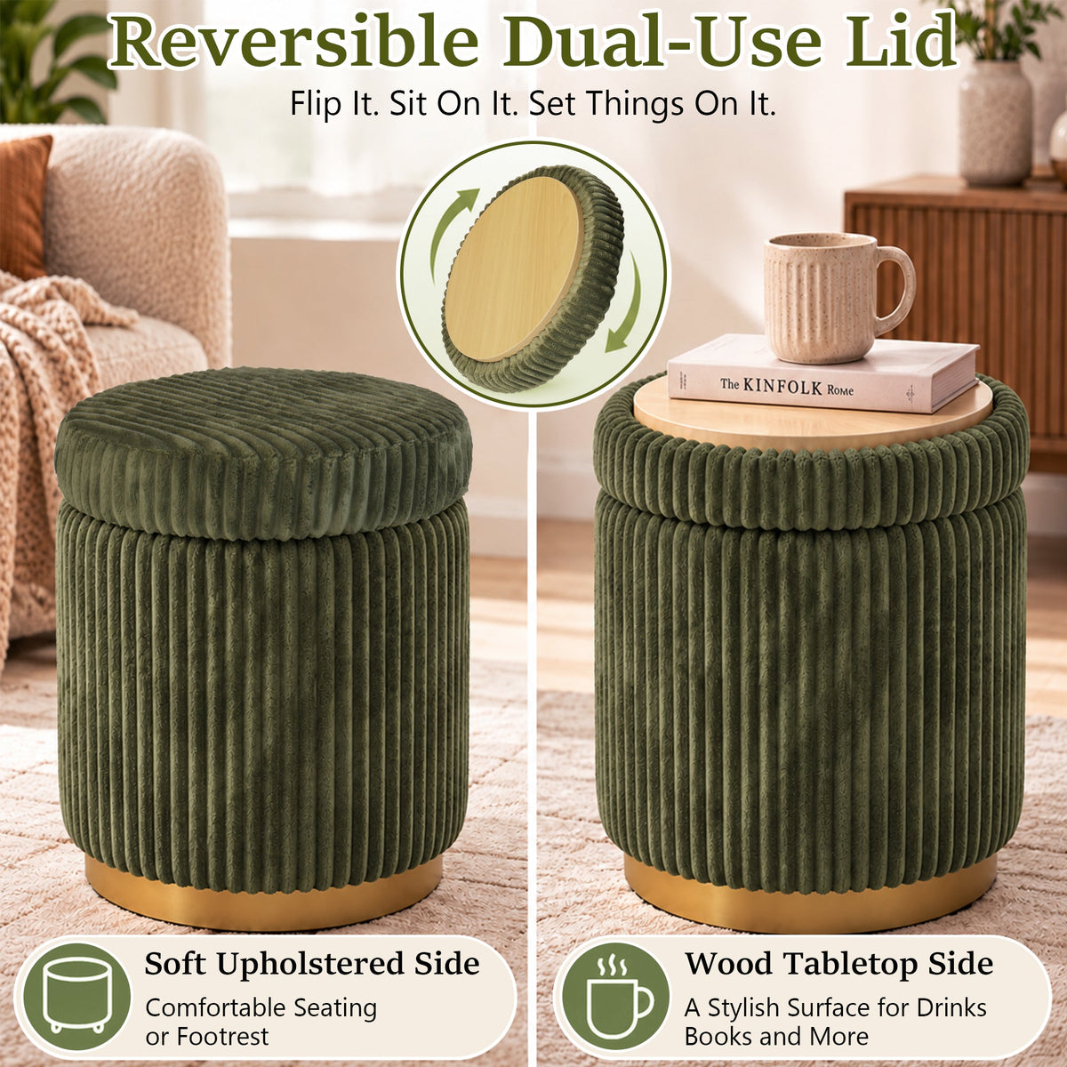 Nestable 2-Piece Storage Stool Set with 360° Swivel Base & Reversible Lid