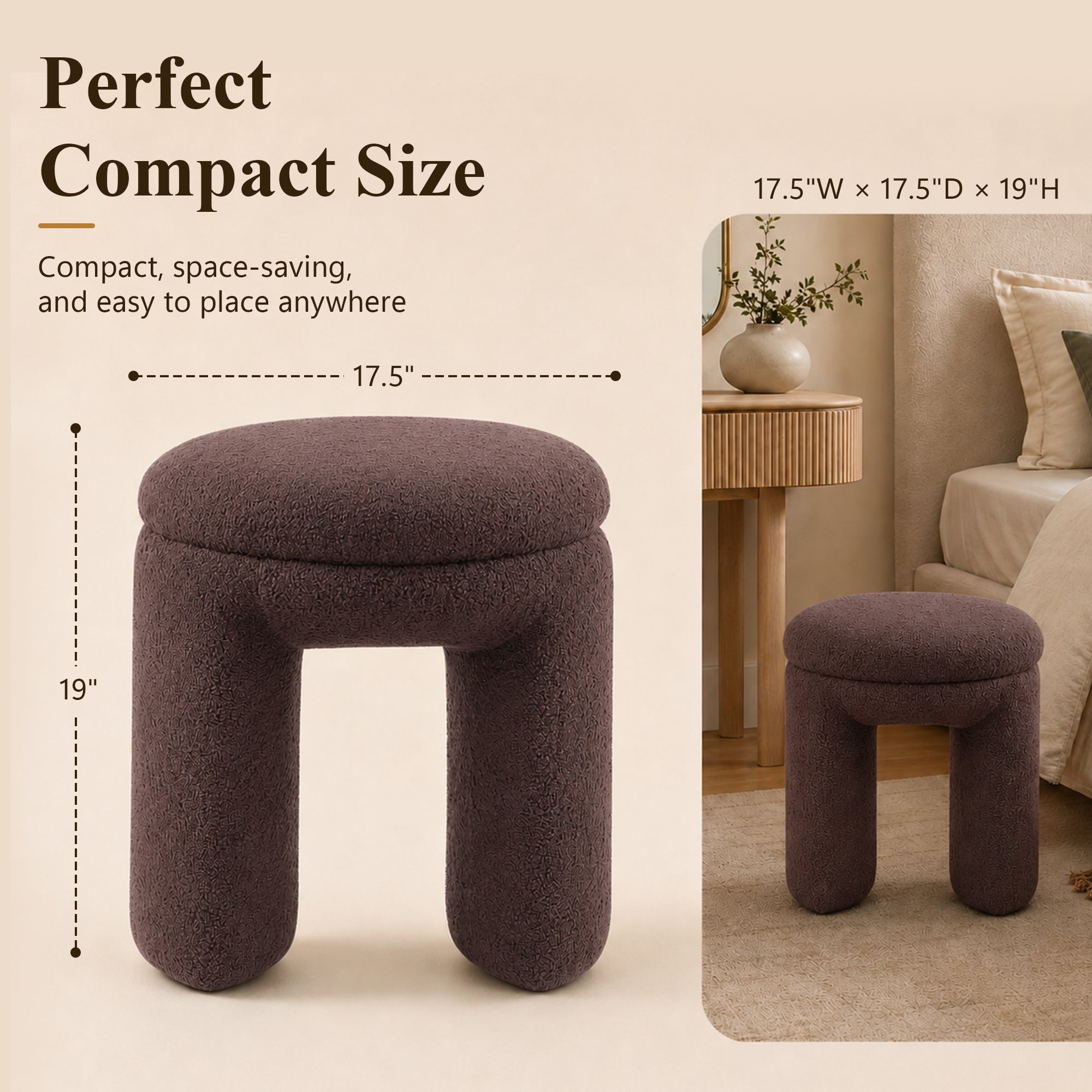 Contemporary Teddy Bouclé Accent Stool with Solid Wood Frame – Fully Assembled