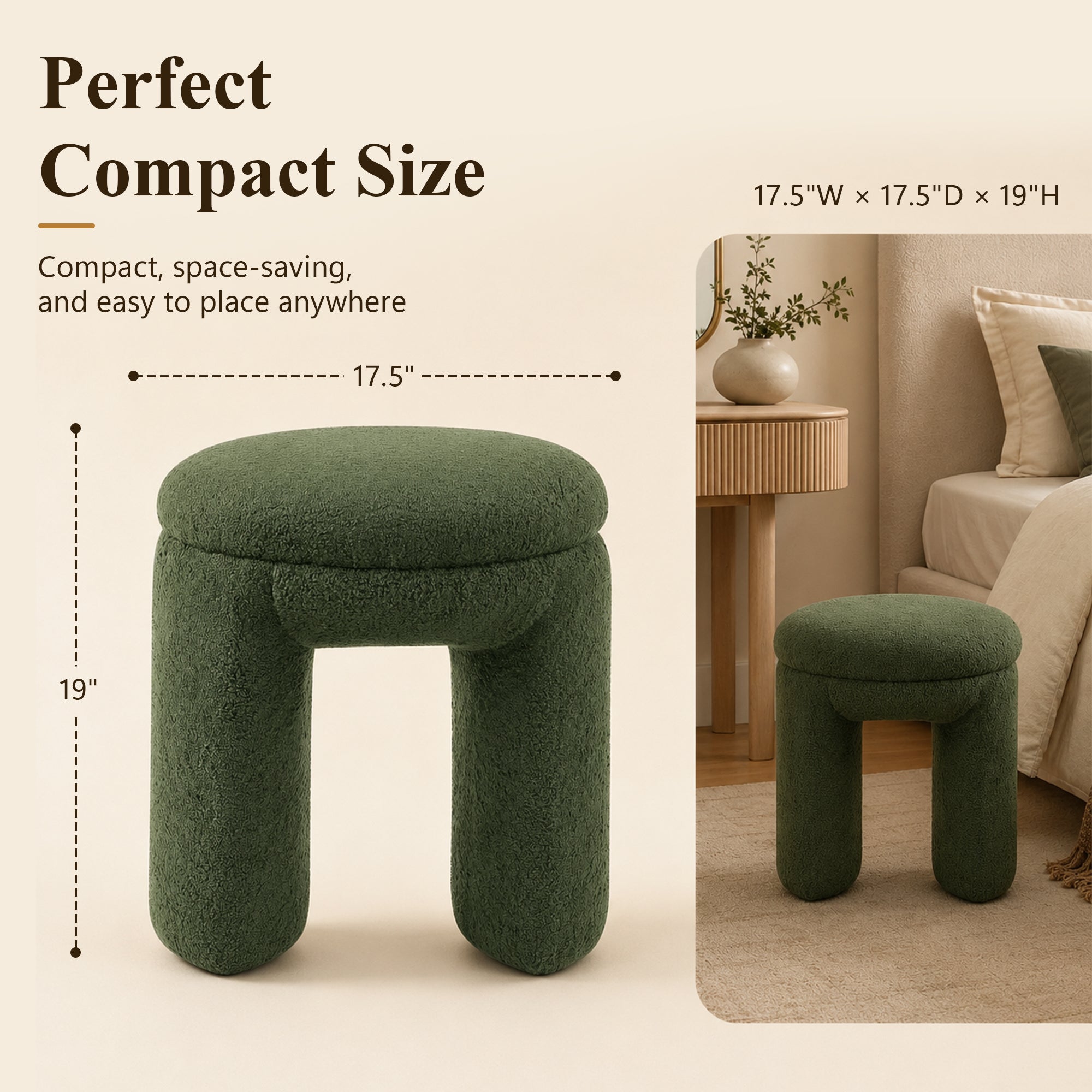 Contemporary Teddy Bouclé Accent Stool with Solid Wood Frame – Fully Assembled