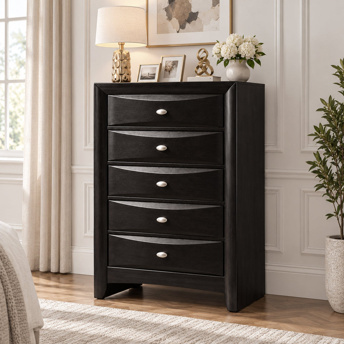 Transitional 5-Drawer Chest with Solid Wood Construction – No Assembly Required