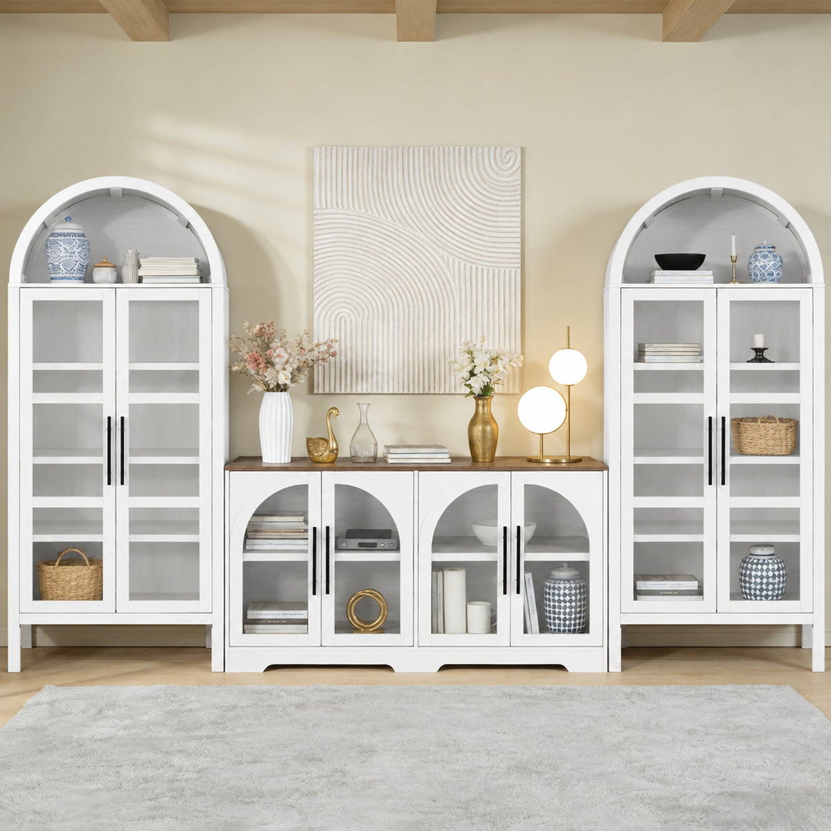 Rustic 3-Piece Arched TV Stand & Storage Cabinet Set – 55" Sideboard Buffet Cabinet & Two 72" Tall Display Cabinets with Glass Doors