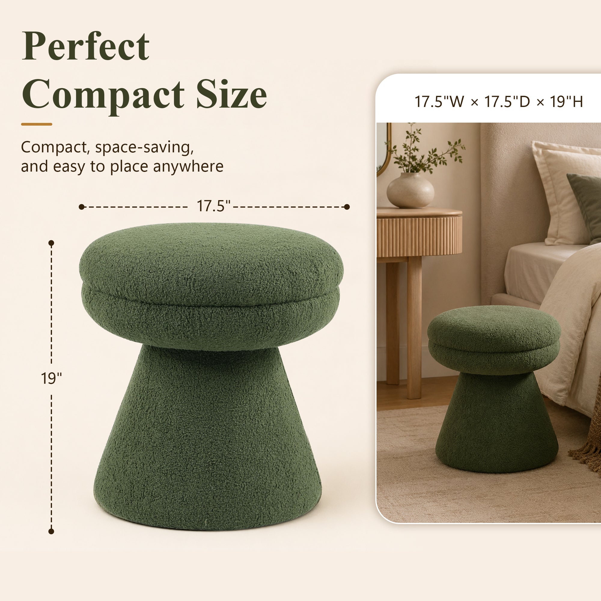 Contemporary Teddy Accent Stool with Mushroom Silhouette & Pedestal Base – Fully Assembled