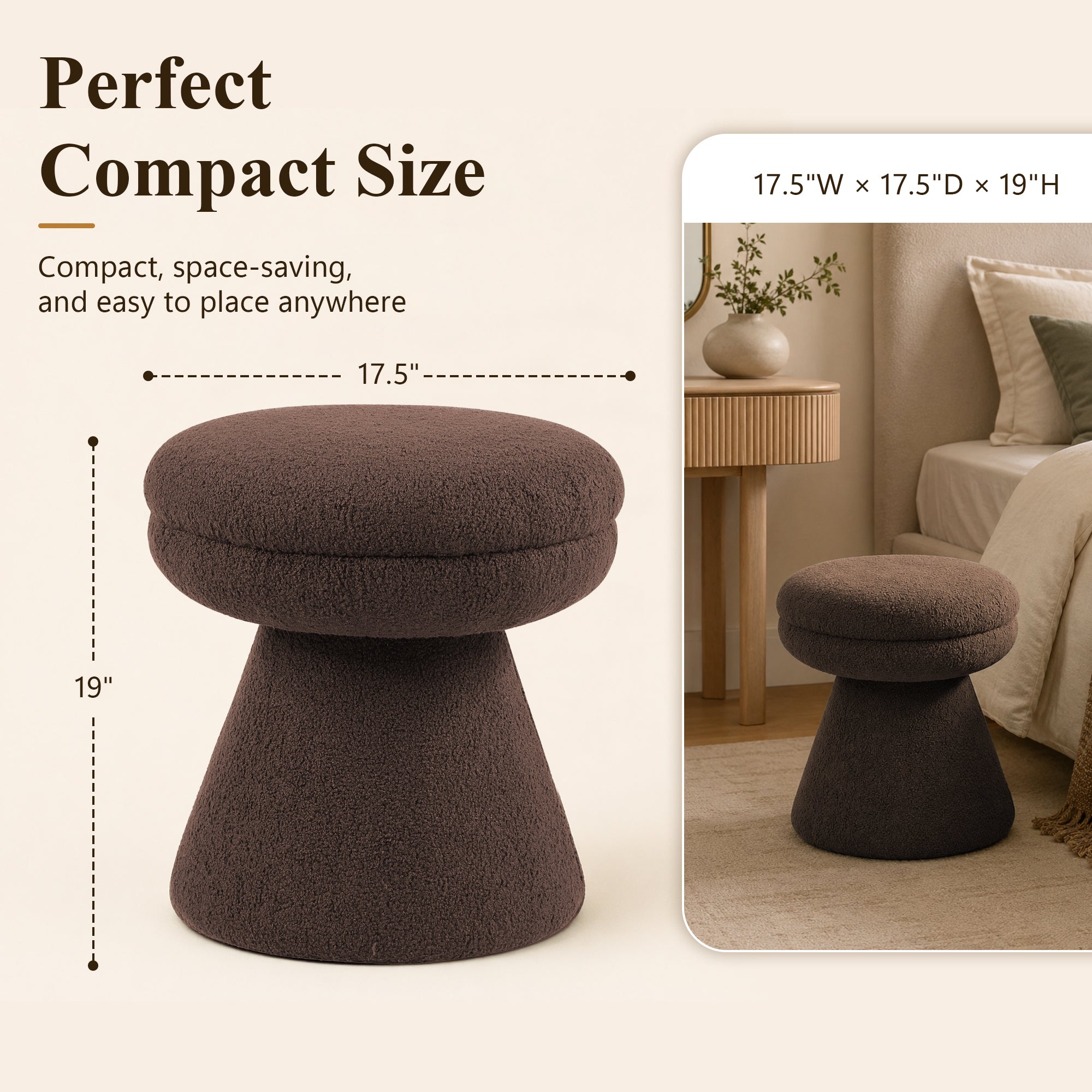 Contemporary Teddy Accent Stool with Mushroom Silhouette & Pedestal Base – Fully Assembled