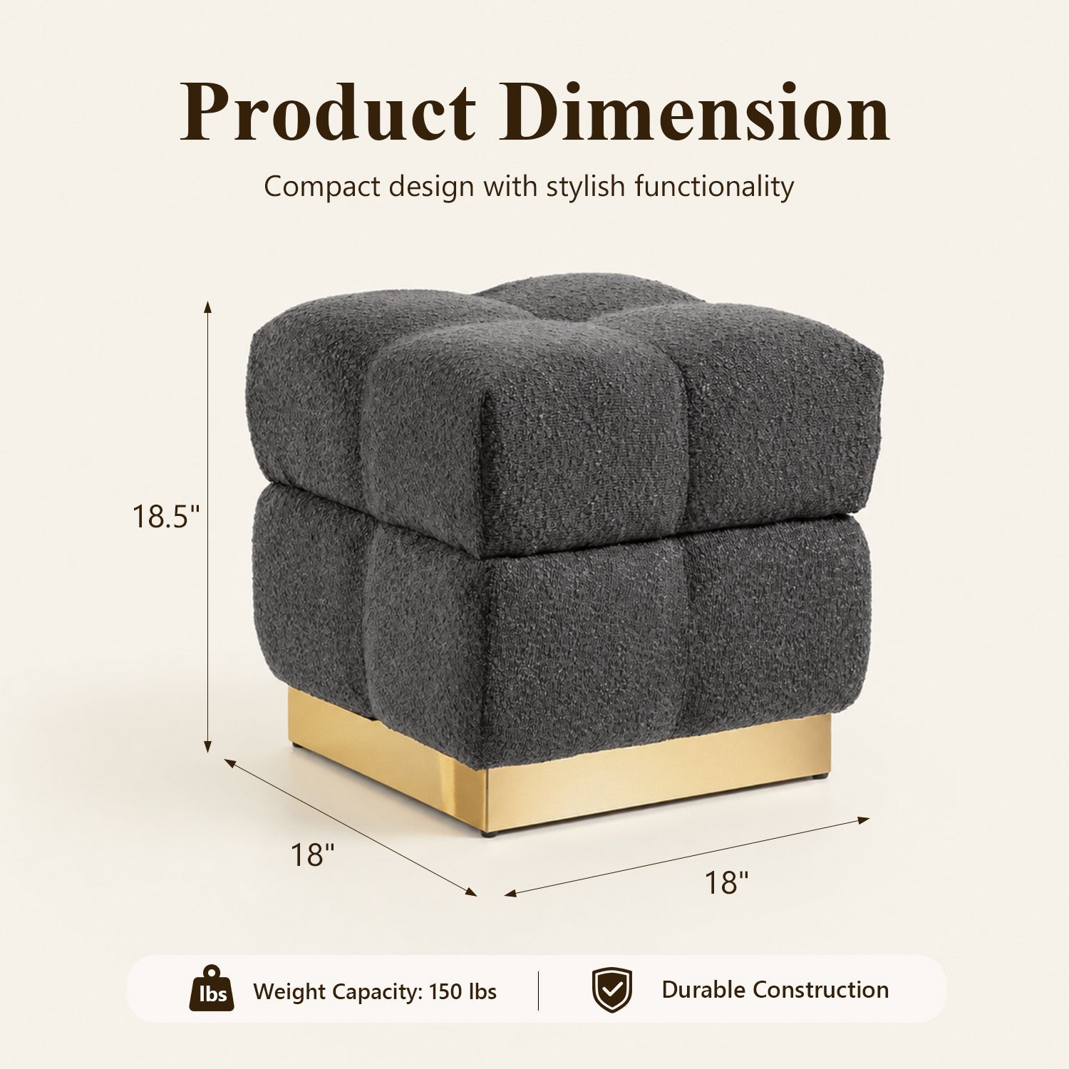 Contemporary Bouclé Storage Stool with Hidden Storage Compartment & Gold Stainless Steel Base – Fully Assembled