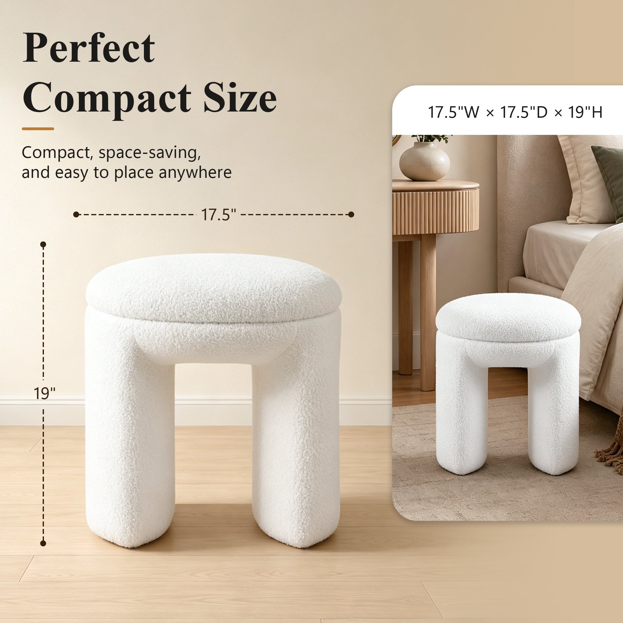 Contemporary Teddy Bouclé Accent Stool with Solid Wood Frame – Fully Assembled
