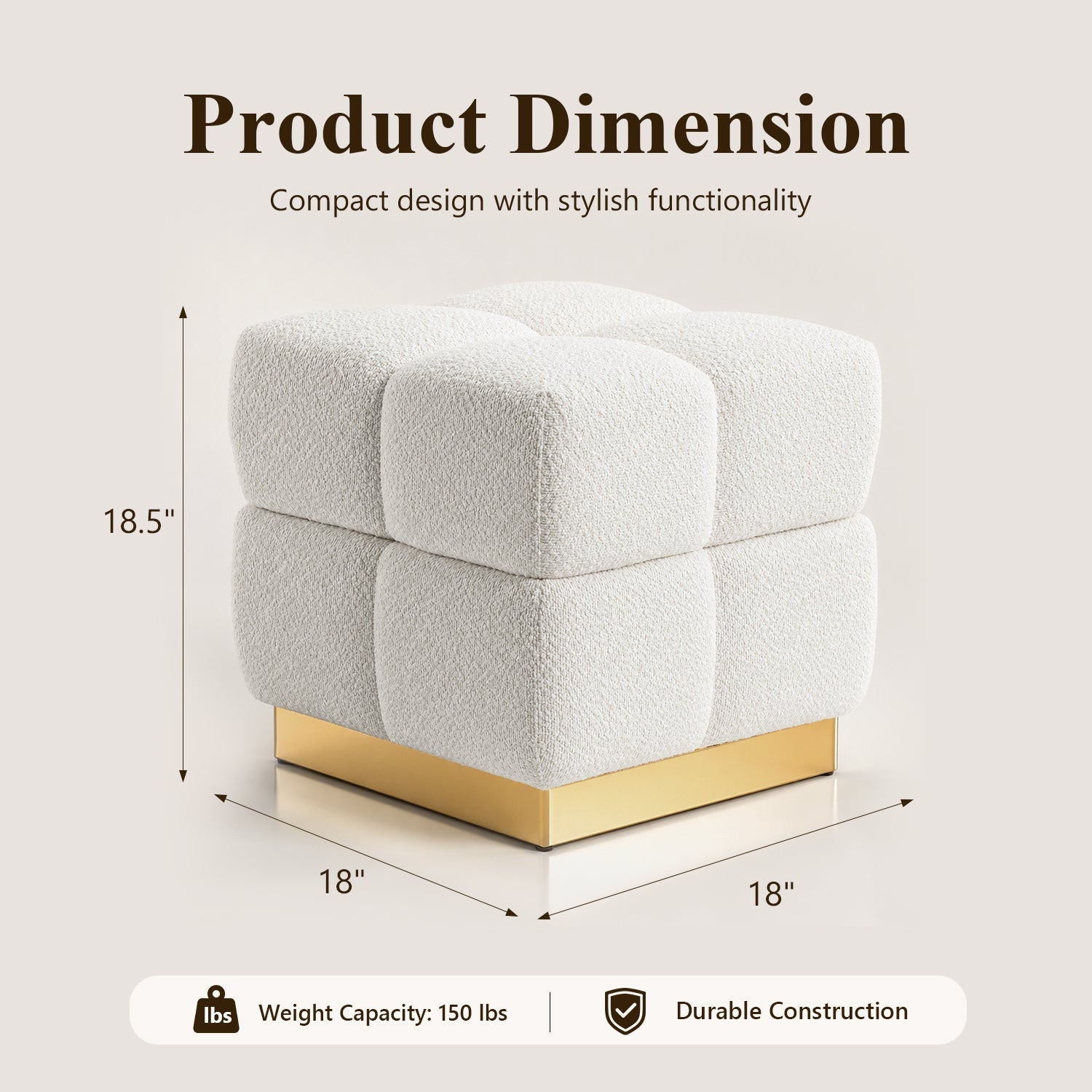 Contemporary Bouclé Storage Stool with Hidden Storage Compartment & Gold Stainless Steel Base – Fully Assembled