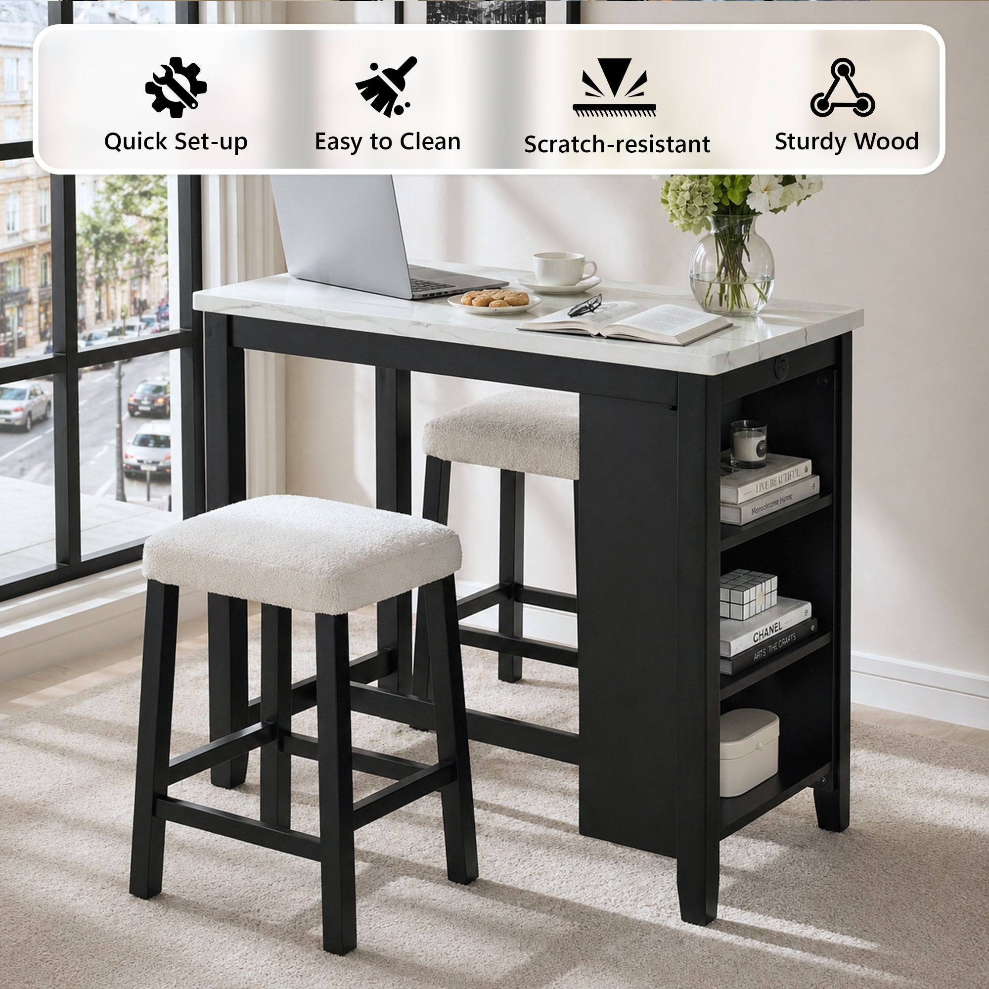 3-Piece Dining Set with USB Charging, Storage Shelves & Boucle Stools, High Gloss Kitchen Table for Small Spaces