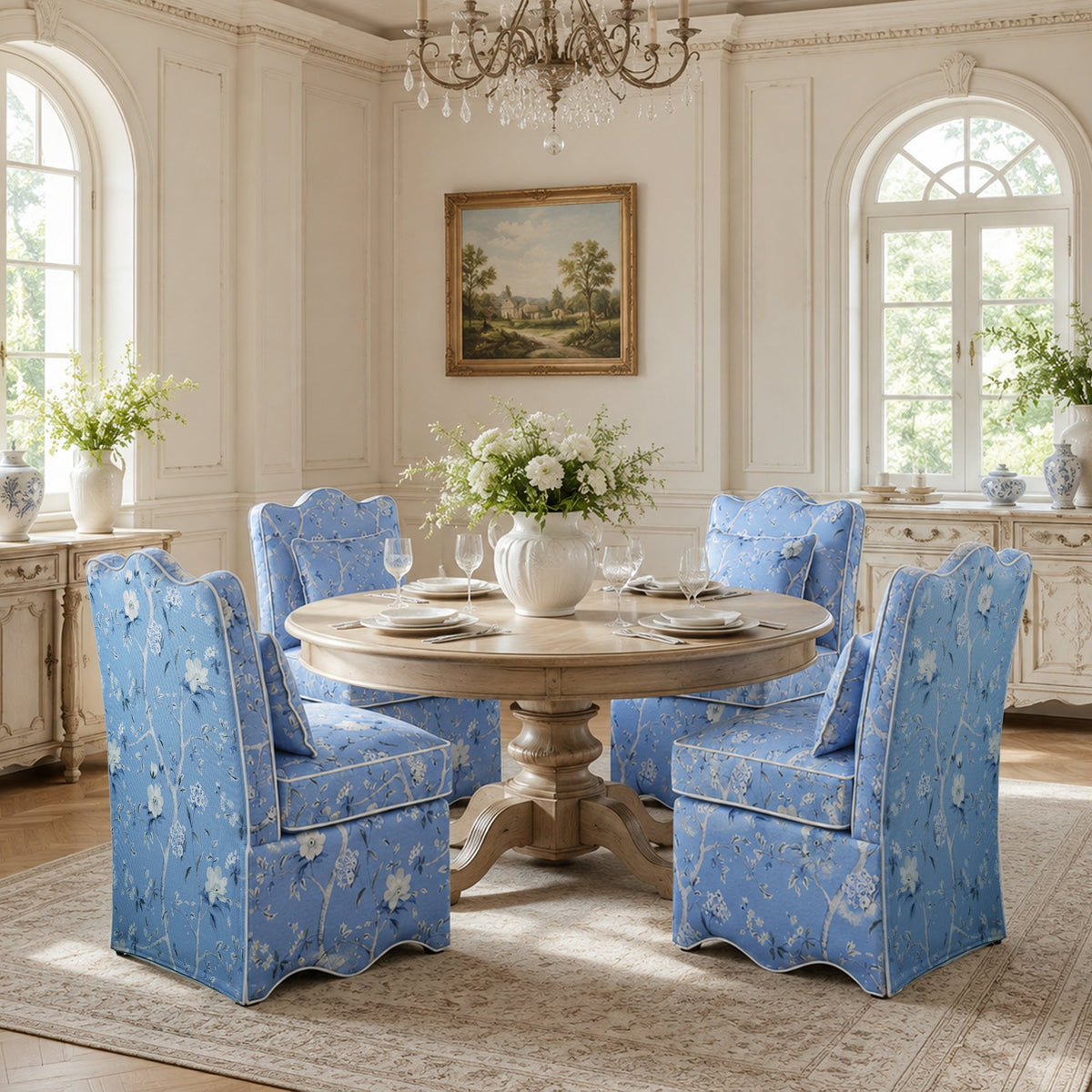 French Farmhouse Accent Chair with Scalloped Back & Upholstered Seat