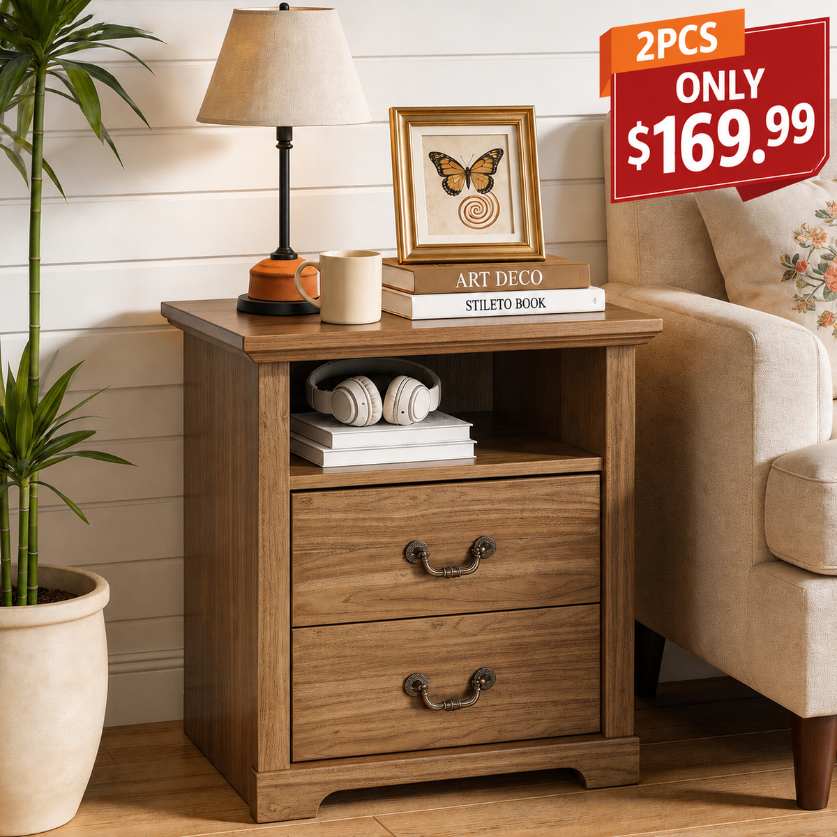 Rustic Open-Shelf Nightstand – Engineered Wood Bedside Table with Storage Cubby