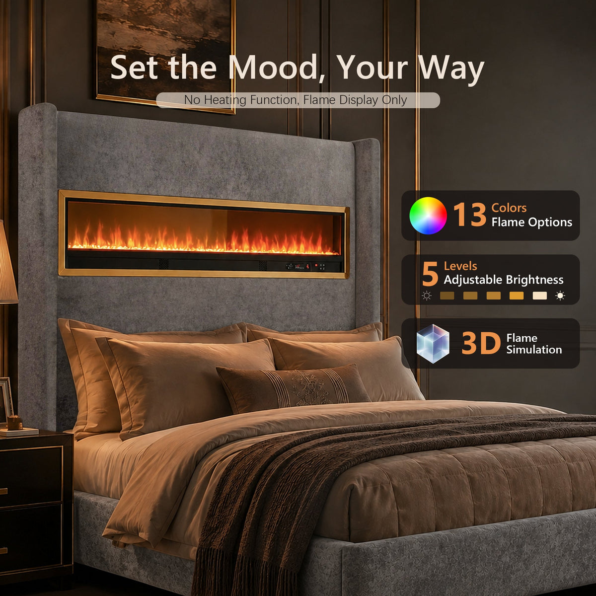 Contemporary Smart Platform Bed with 3D Fireplace LED Headboard, Bluetooth Audio, USB & TF Card Slots, Stainless Steel Frame