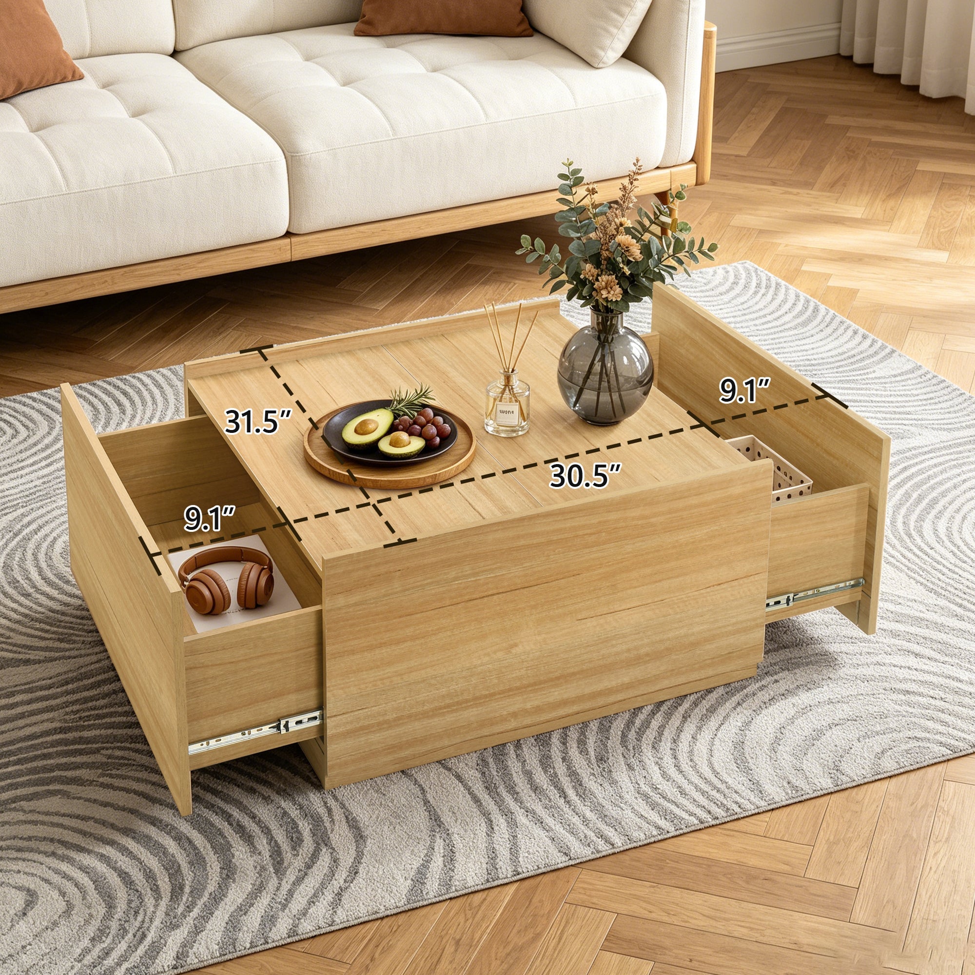 Transitional Coffee Table with Dual Storage Drawers – Modern Wood Look Living Room Table