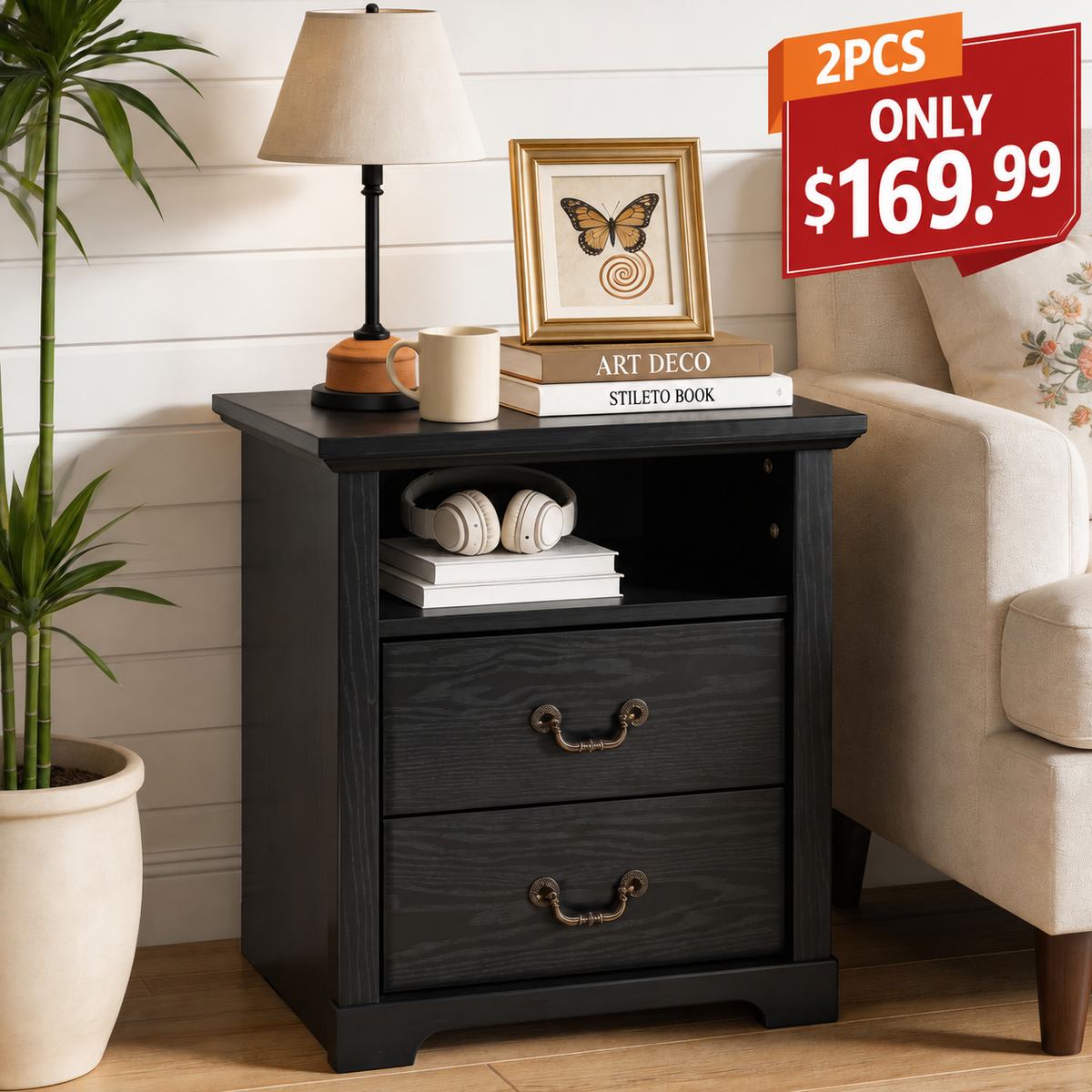 Rustic Open-Shelf Nightstand – Engineered Wood Bedside Table with Storage Cubby