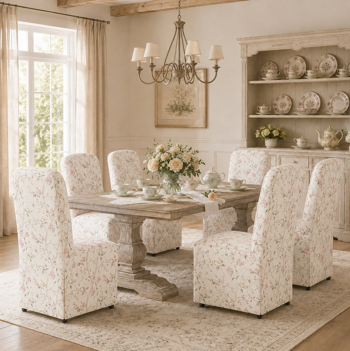 French Farmhouse Upholstered Dining Chair with Rounded Back, Caster Legs & Skirted Design