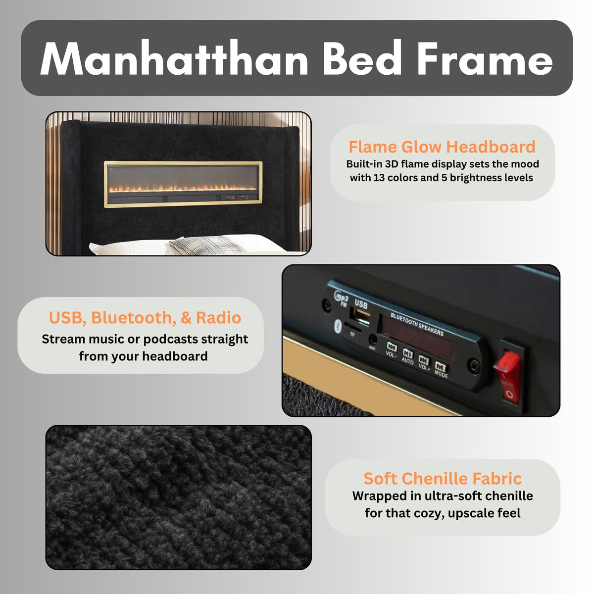 Contemporary Smart Platform Bed with 3D Fireplace LED Headboard, Bluetooth Audio, USB & TF Card Slots, Stainless Steel Frame