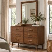 Mid-Century Modern 6-Drawer Dresser in Walnut with Optional Mirror