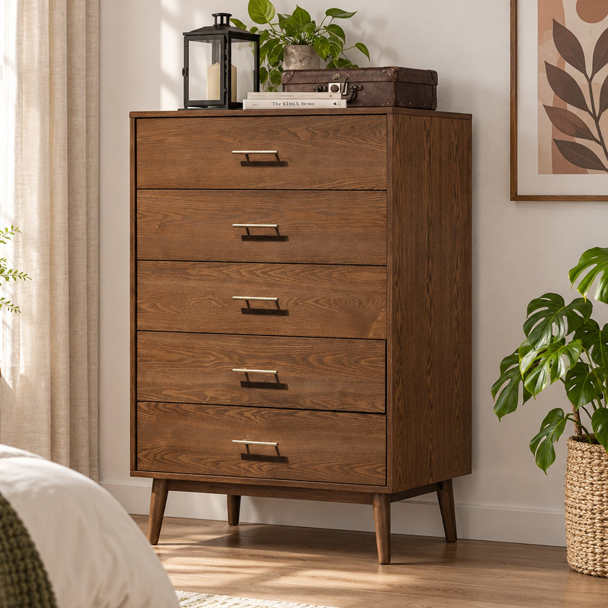 Mid-Century Modern 5-Drawer Chest in Walnut with Tapered Legs