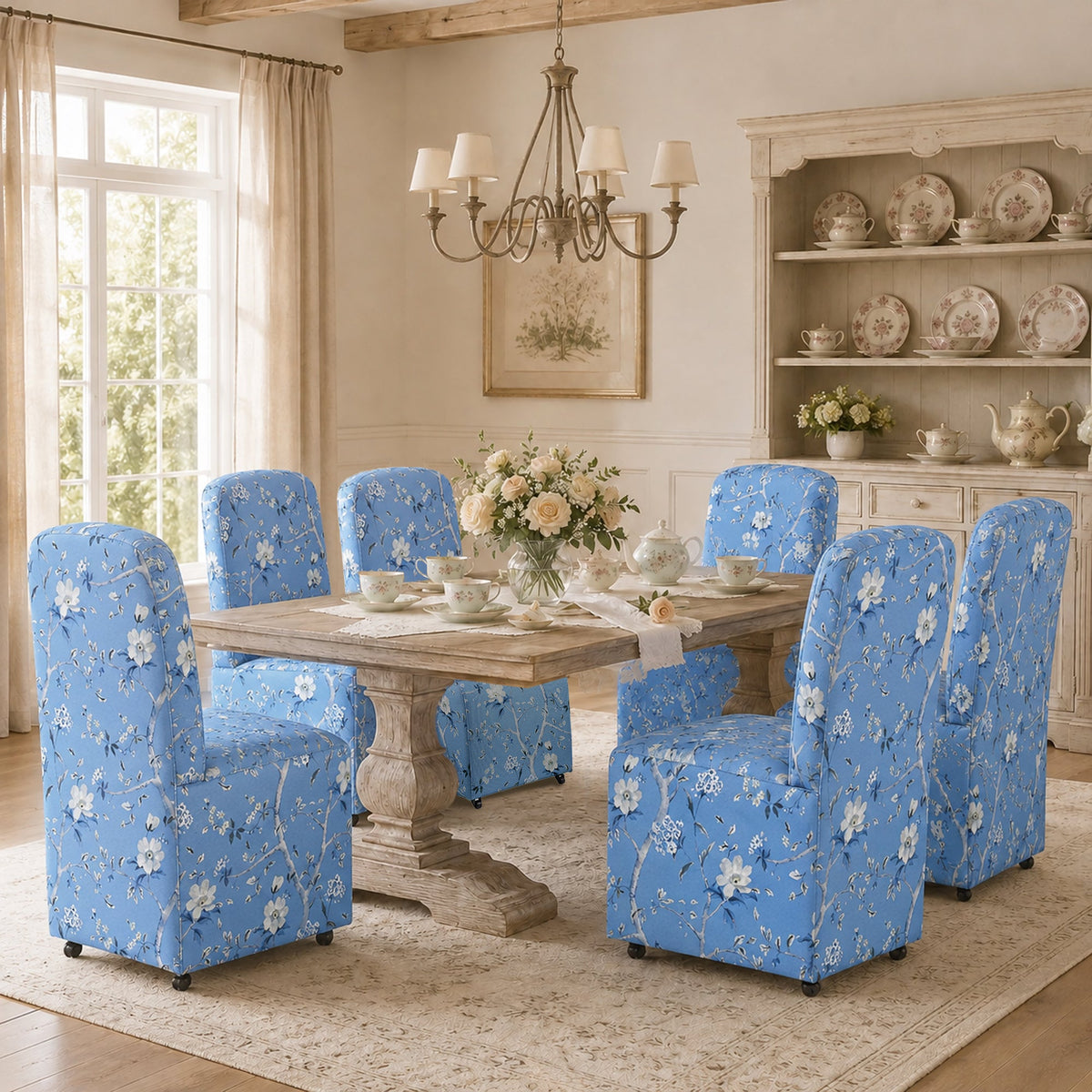 French Farmhouse Upholstered Dining Chair with Rounded Back, Caster Legs & Skirted Design