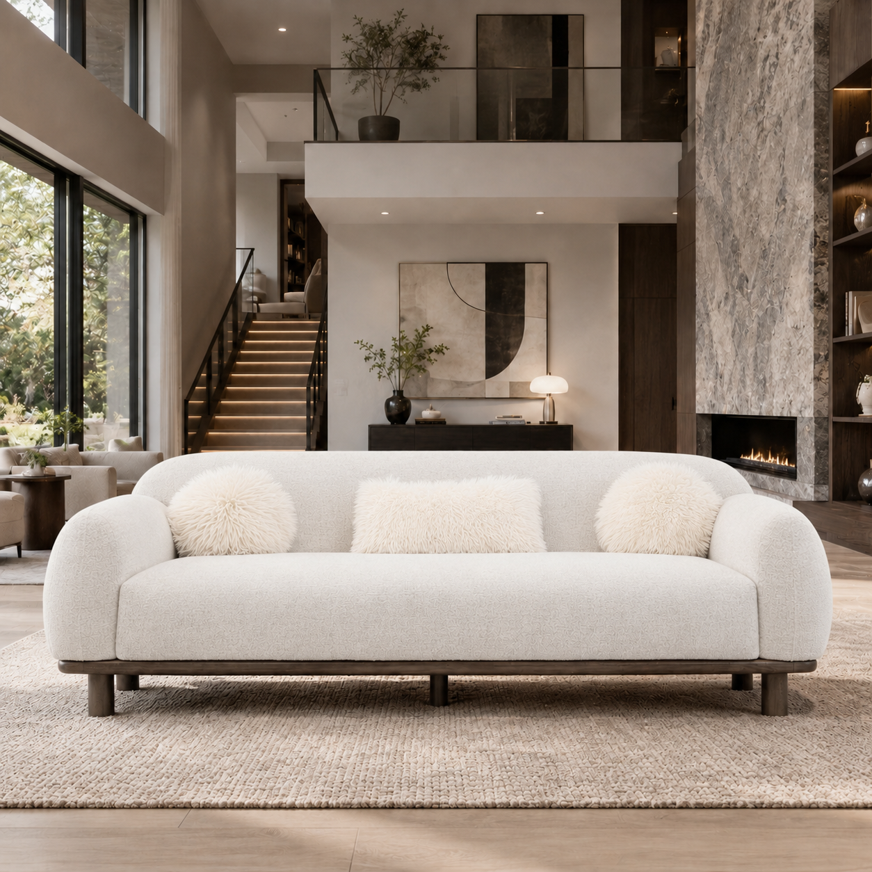 Mid-Century Modern Sofa – Pocket Coil Spring, Chenille and Faux Fur, Soft Round Arms