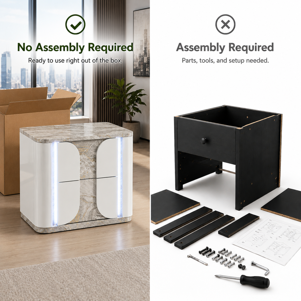 Contemporary Light Gray LED Nightstand with Faux Marble Finish & Touch-Control Lighting – Fully Assembled