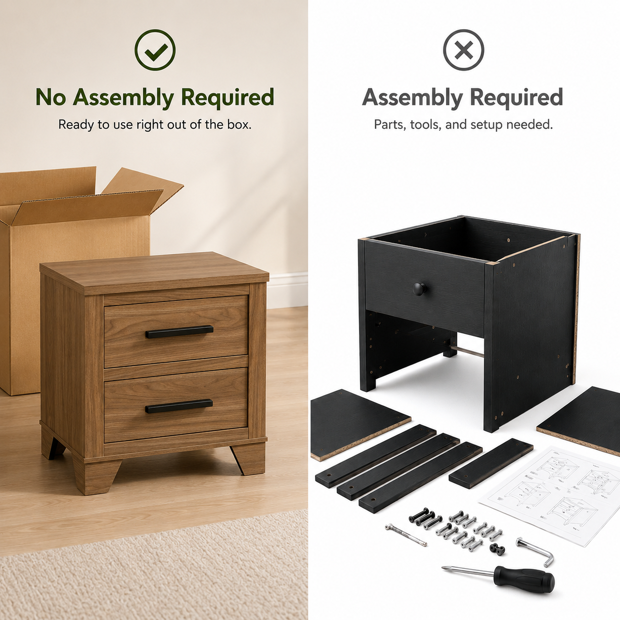 Fully Assembled Transitional Walnut Nightstand with English Dovetail Drawers & Black Bar Pulls