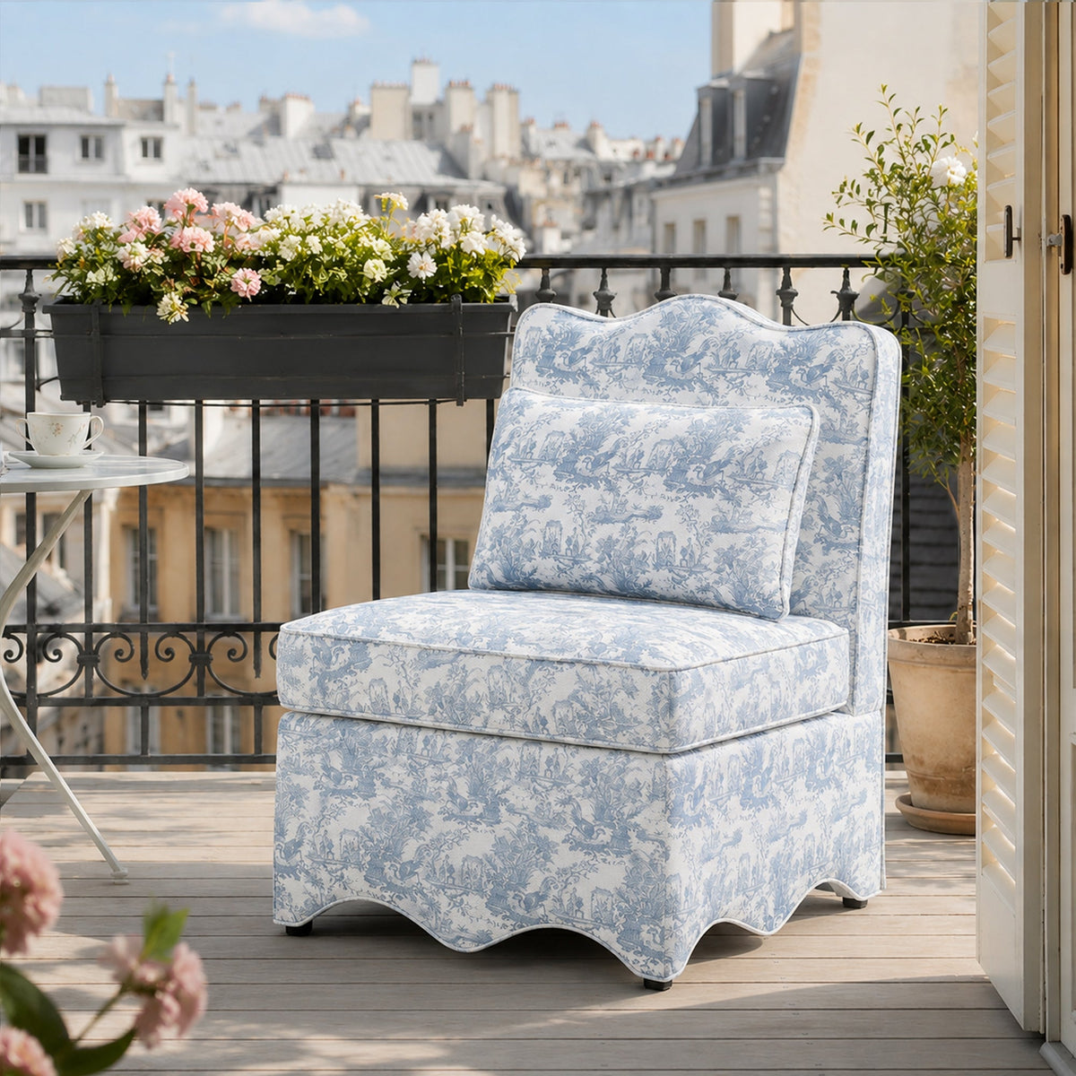 French Farmhouse Accent Chair with Scalloped Back & Upholstered Seat