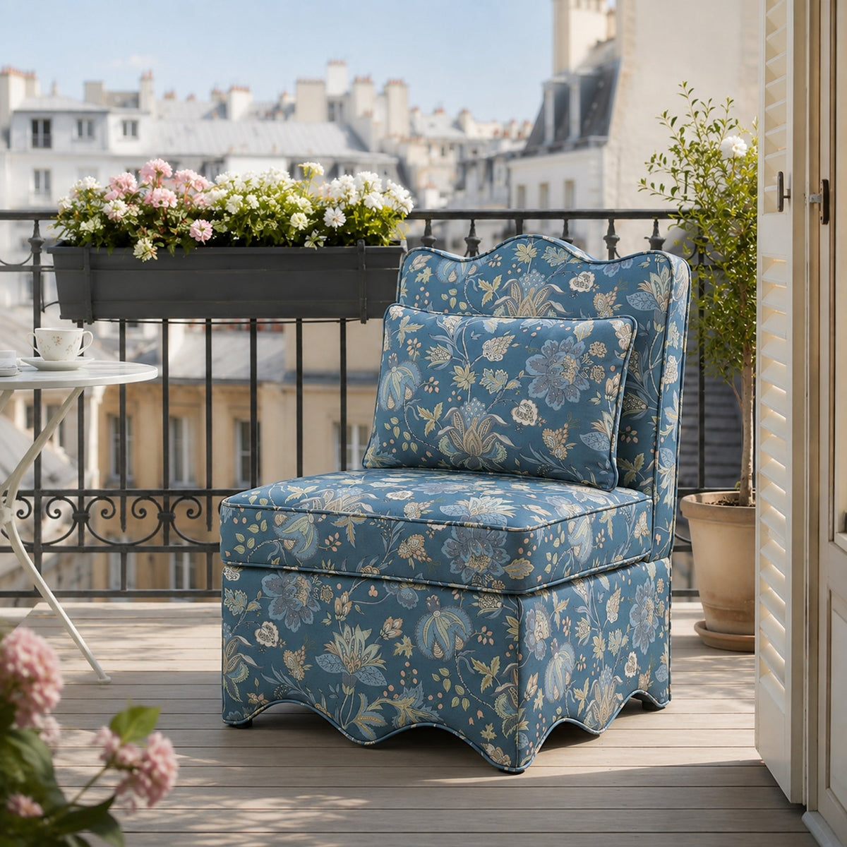 French Farmhouse Accent Chair with Scalloped Back & Upholstered Seat