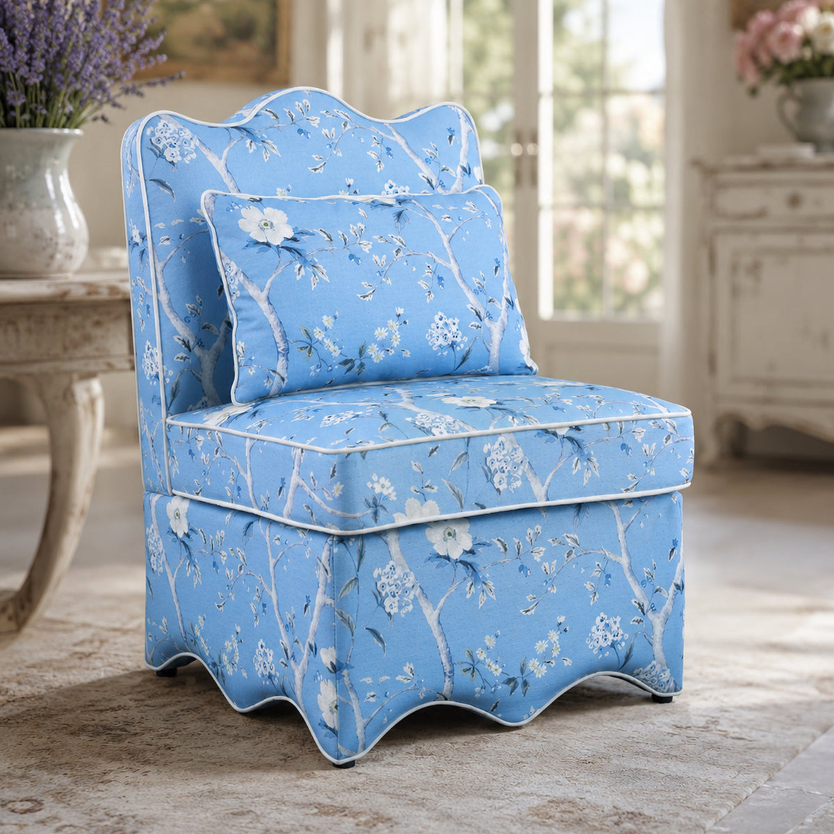 French Farmhouse Accent Chair with Scalloped Back & Upholstered Seat