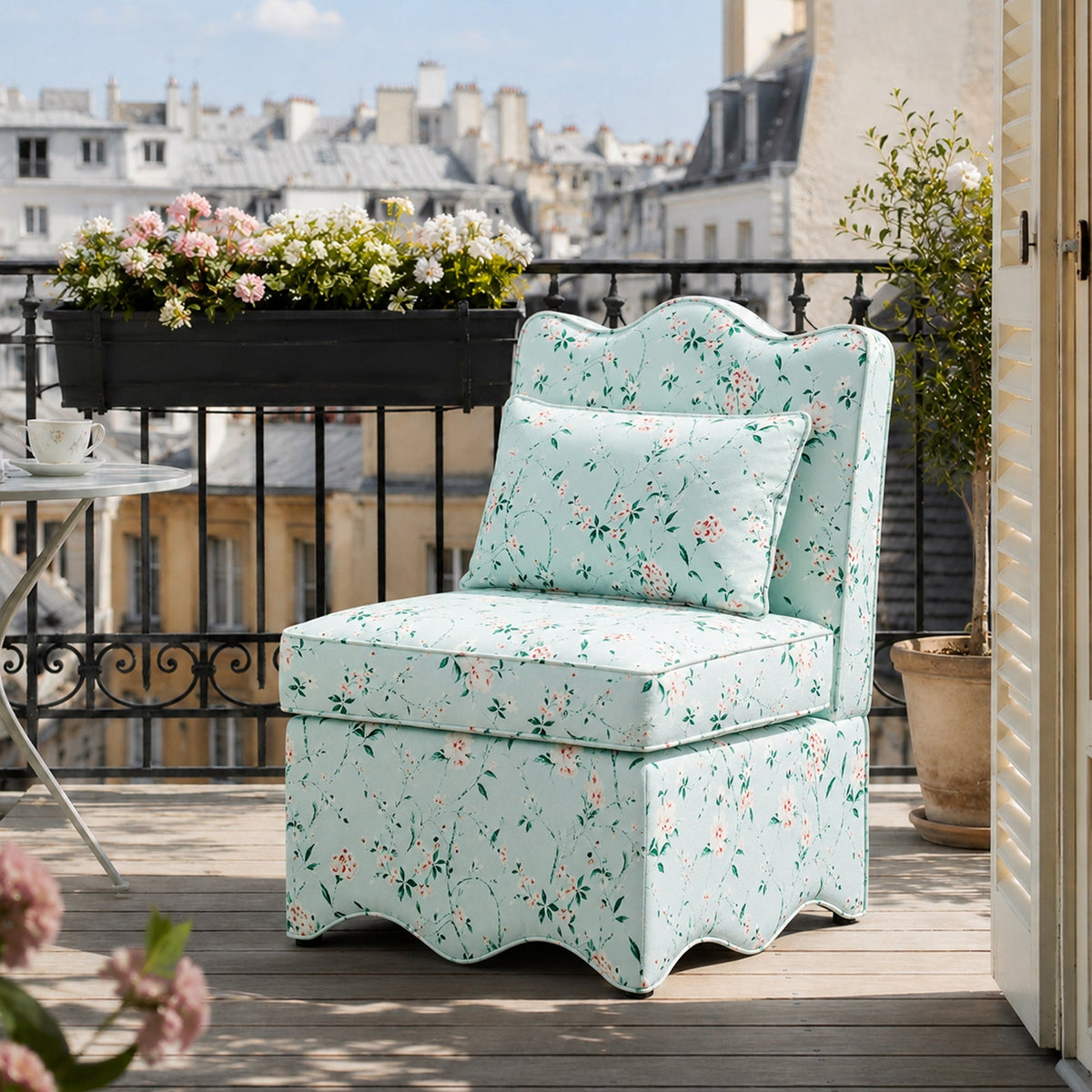 French Farmhouse Accent Chair with Scalloped Back & Upholstered Seat