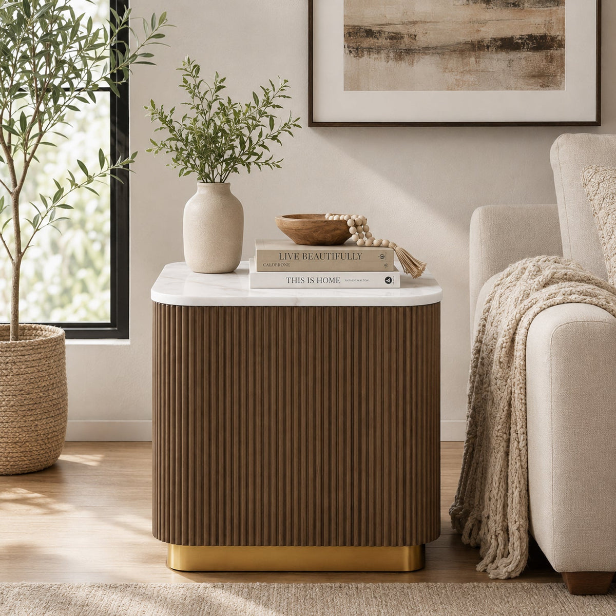 Modern Marble End Table – Genuine Marble Top & Gold Stainless Steel Base