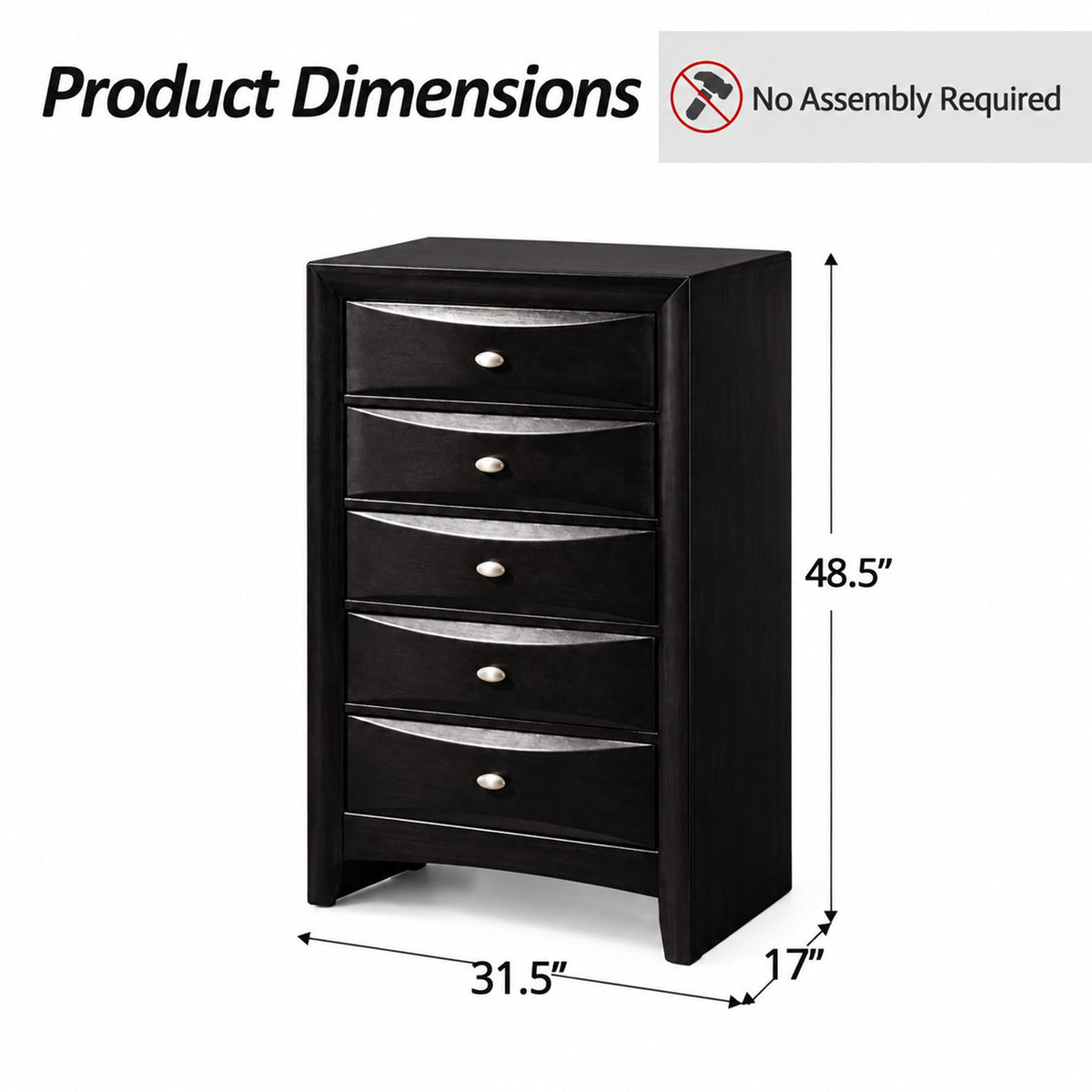 Transitional 5-Drawer Chest with Solid Wood Construction – No Assembly Required