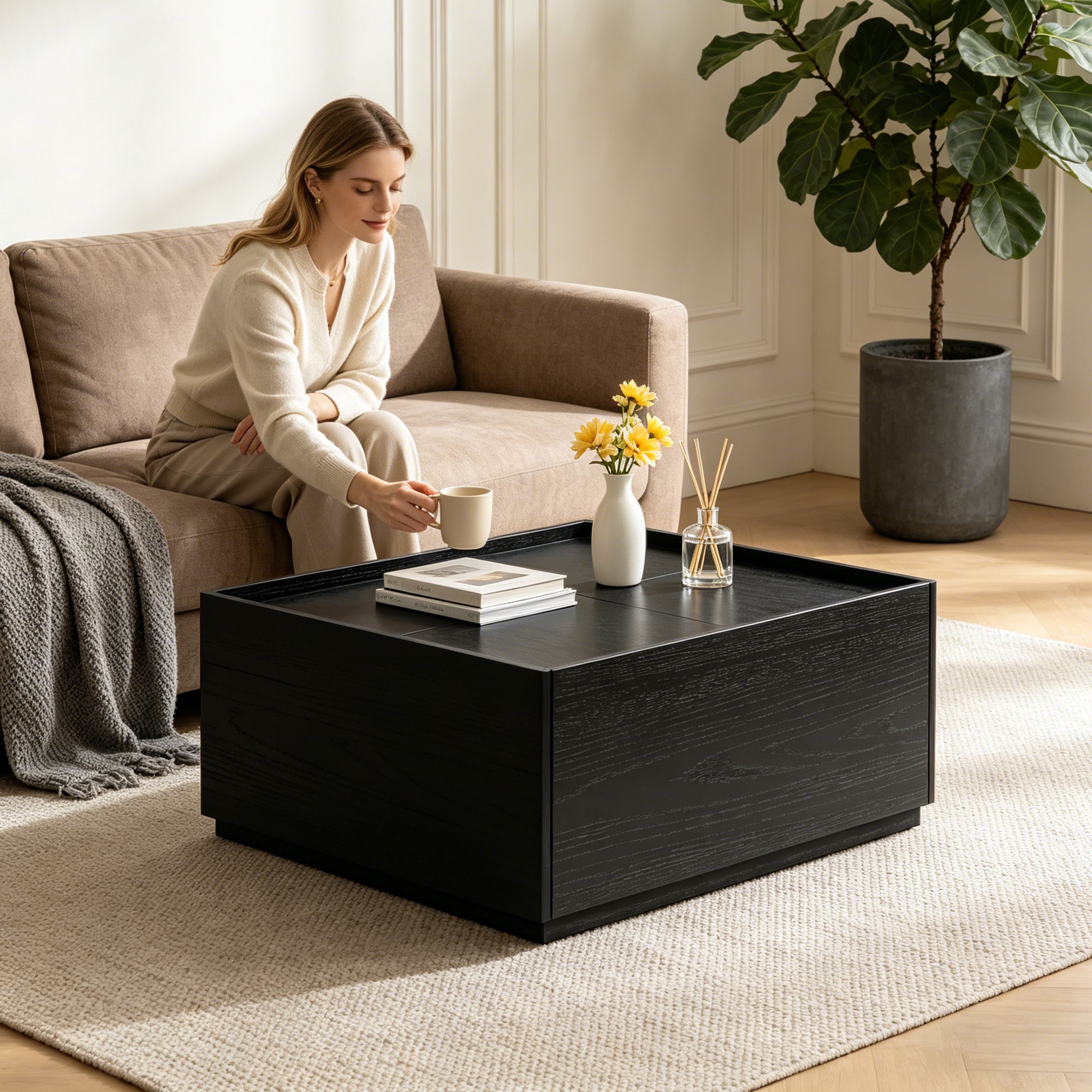 Transitional Coffee Table with Dual Storage Drawers – Modern Wood Look Living Room Table