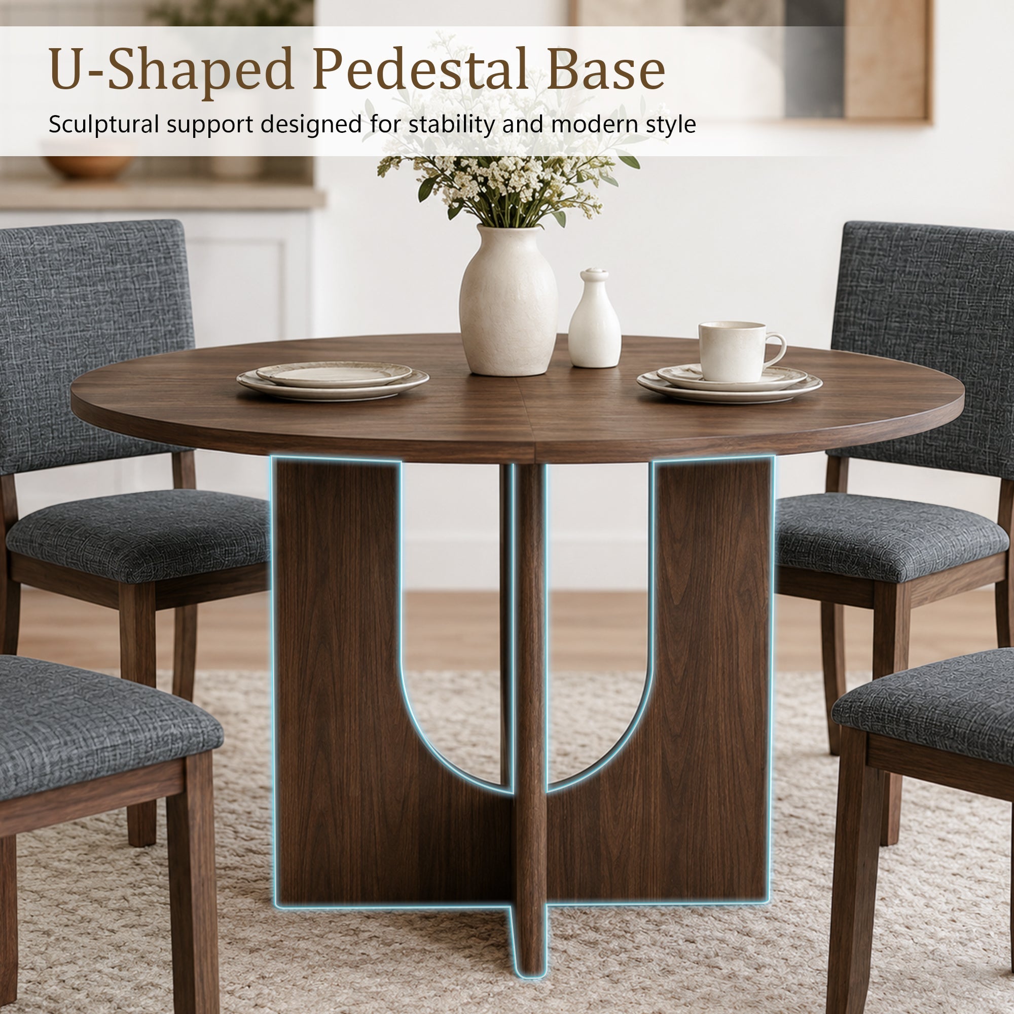 Modern 5-Piece Dining Table Set with 4 Upholstered Chairs – Round Table