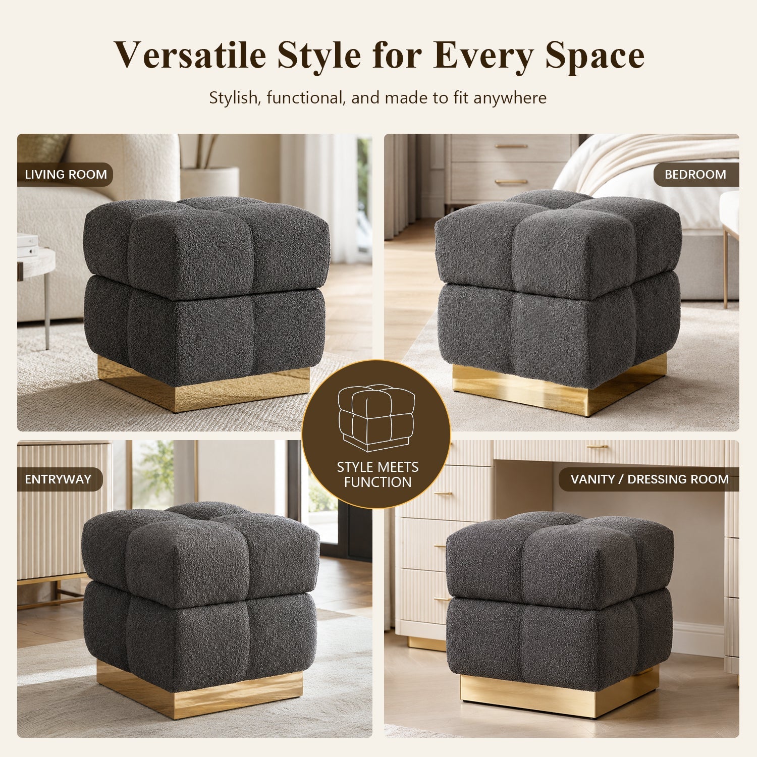 Contemporary Bouclé Storage Stool with Hidden Storage Compartment & Gold Stainless Steel Base – Fully Assembled
