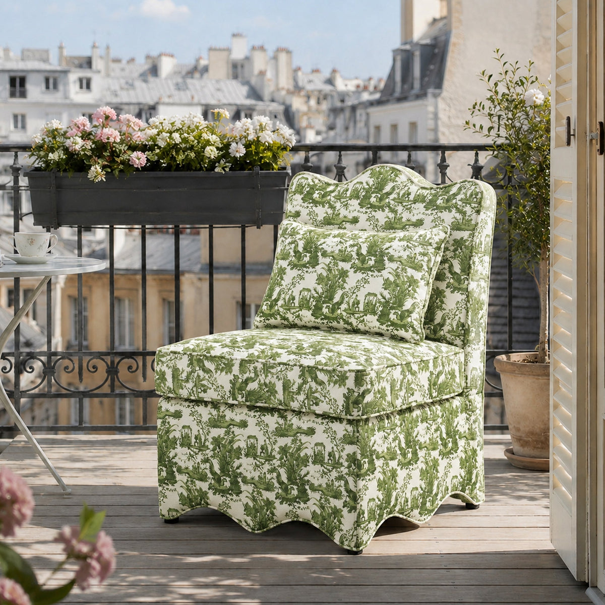 French Farmhouse Accent Chair with Scalloped Back & Upholstered Seat