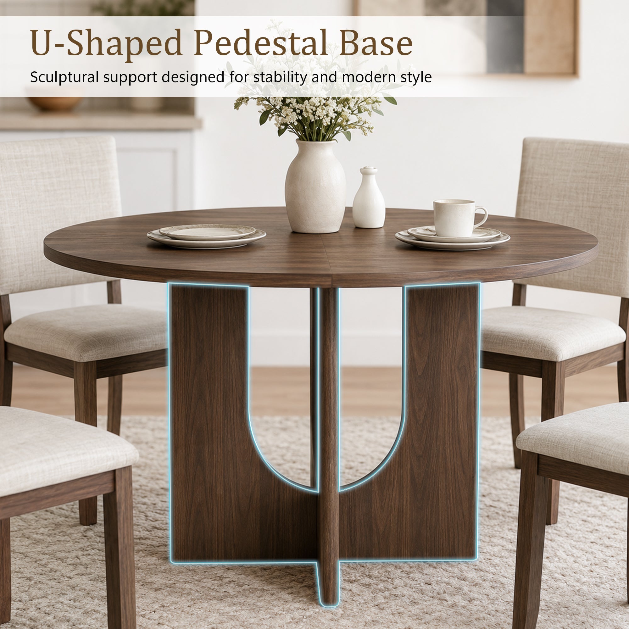 Modern 5-Piece Dining Table Set with 4 Upholstered Chairs – Round Table