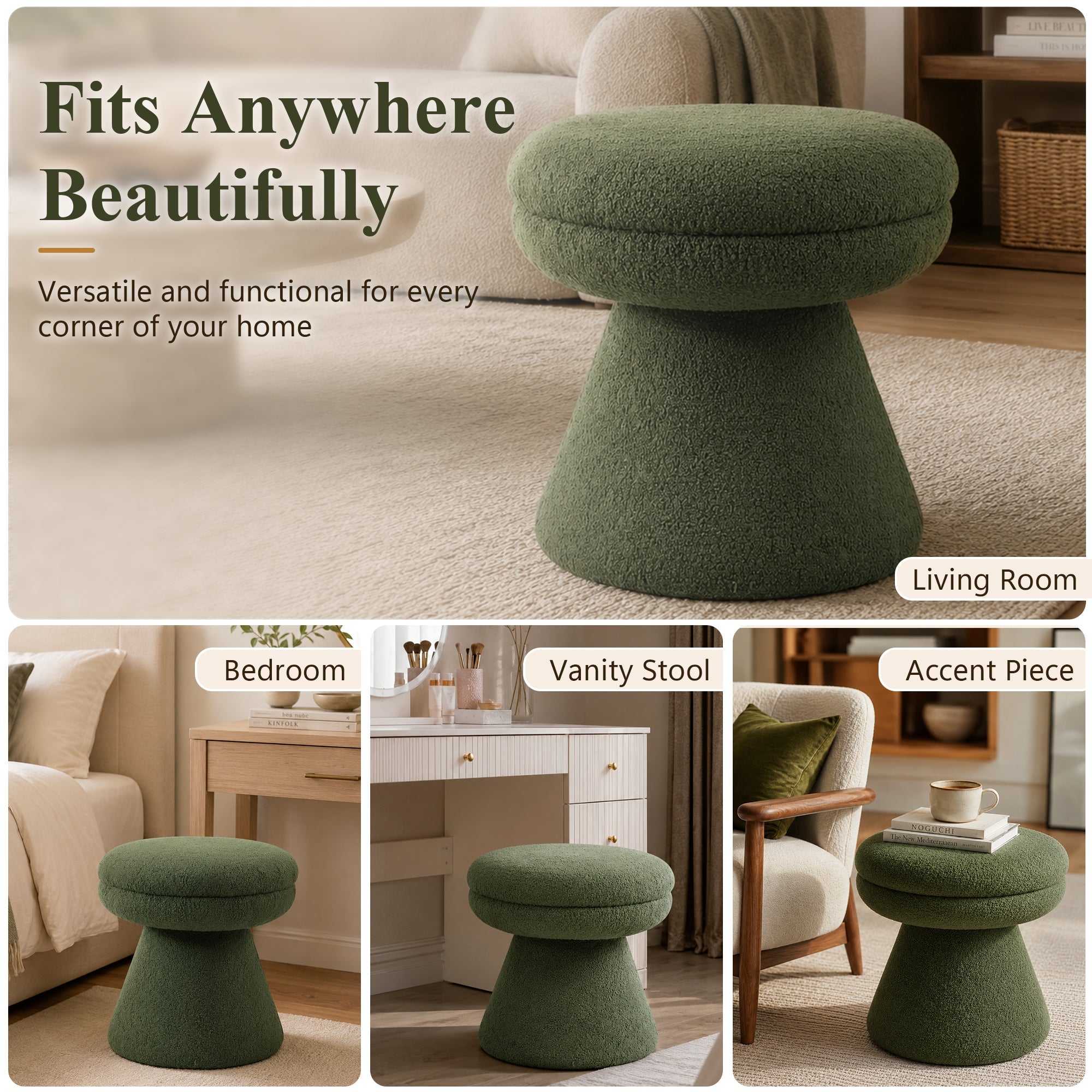 Contemporary Teddy Accent Stool with Mushroom Silhouette & Pedestal Base – Fully Assembled