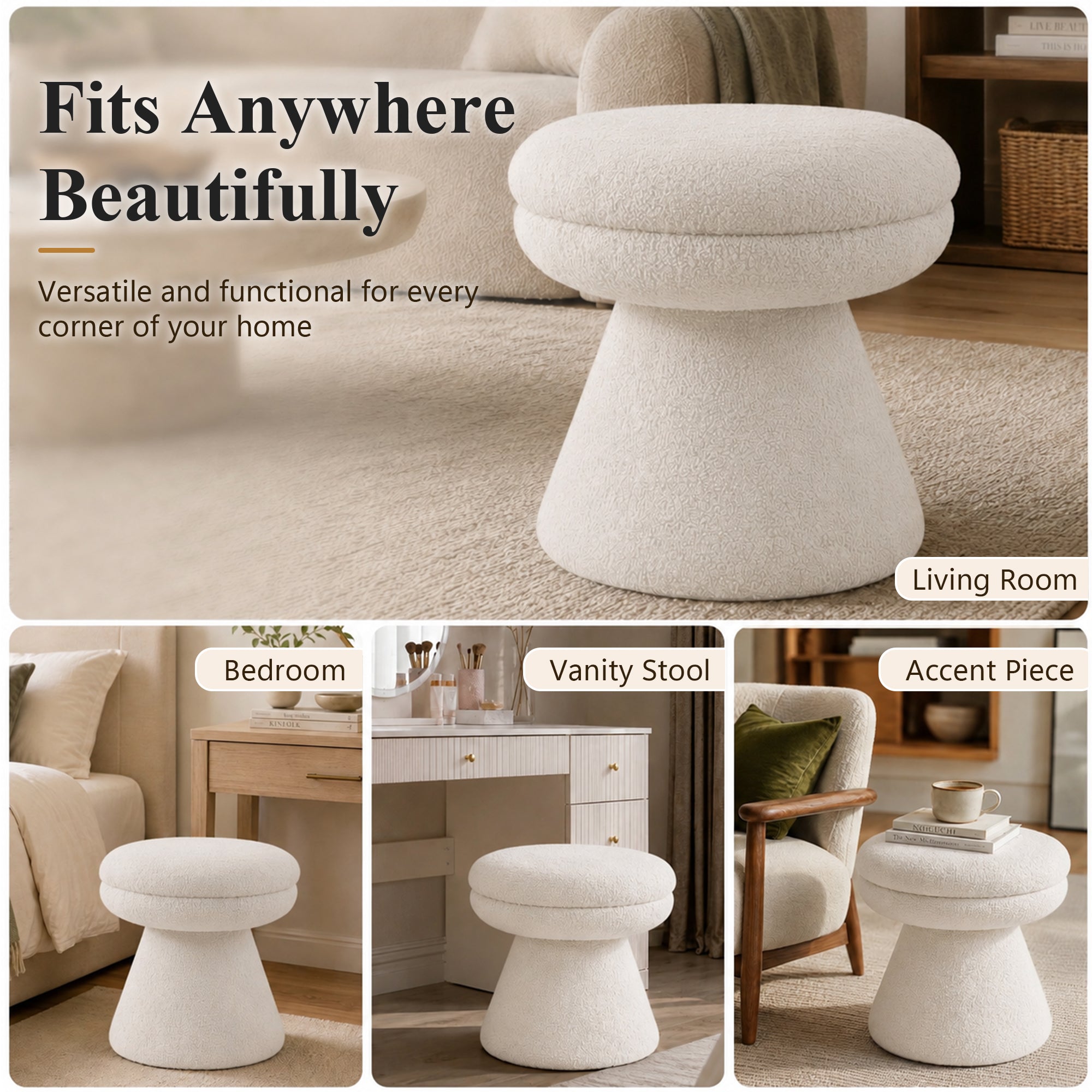 Contemporary Teddy Accent Stool with Mushroom Silhouette & Pedestal Base – Fully Assembled
