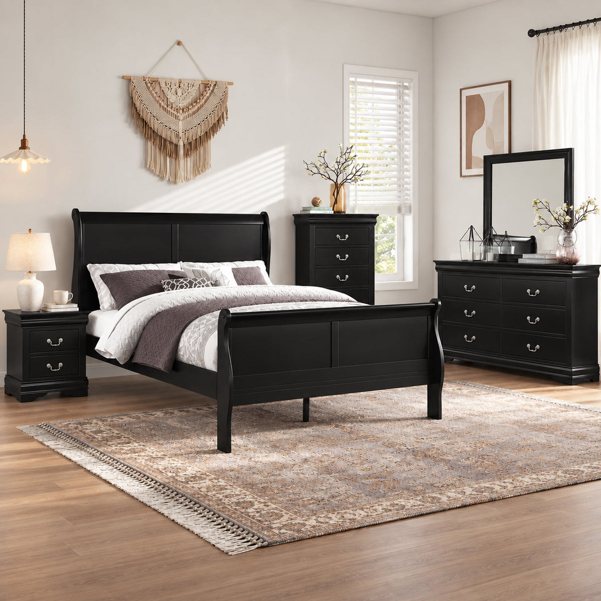 4-Piece Transitional Sleigh Bedroom Set with Solid Wood Bed, Nightstand, Chest & Dresser (Mirror Optional)
