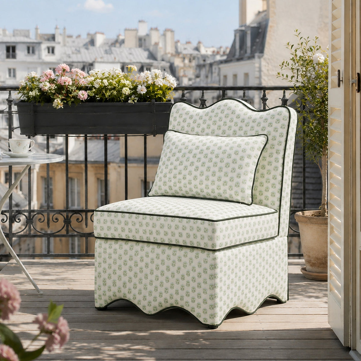 French Farmhouse Accent Chair with Scalloped Back & Upholstered Seat