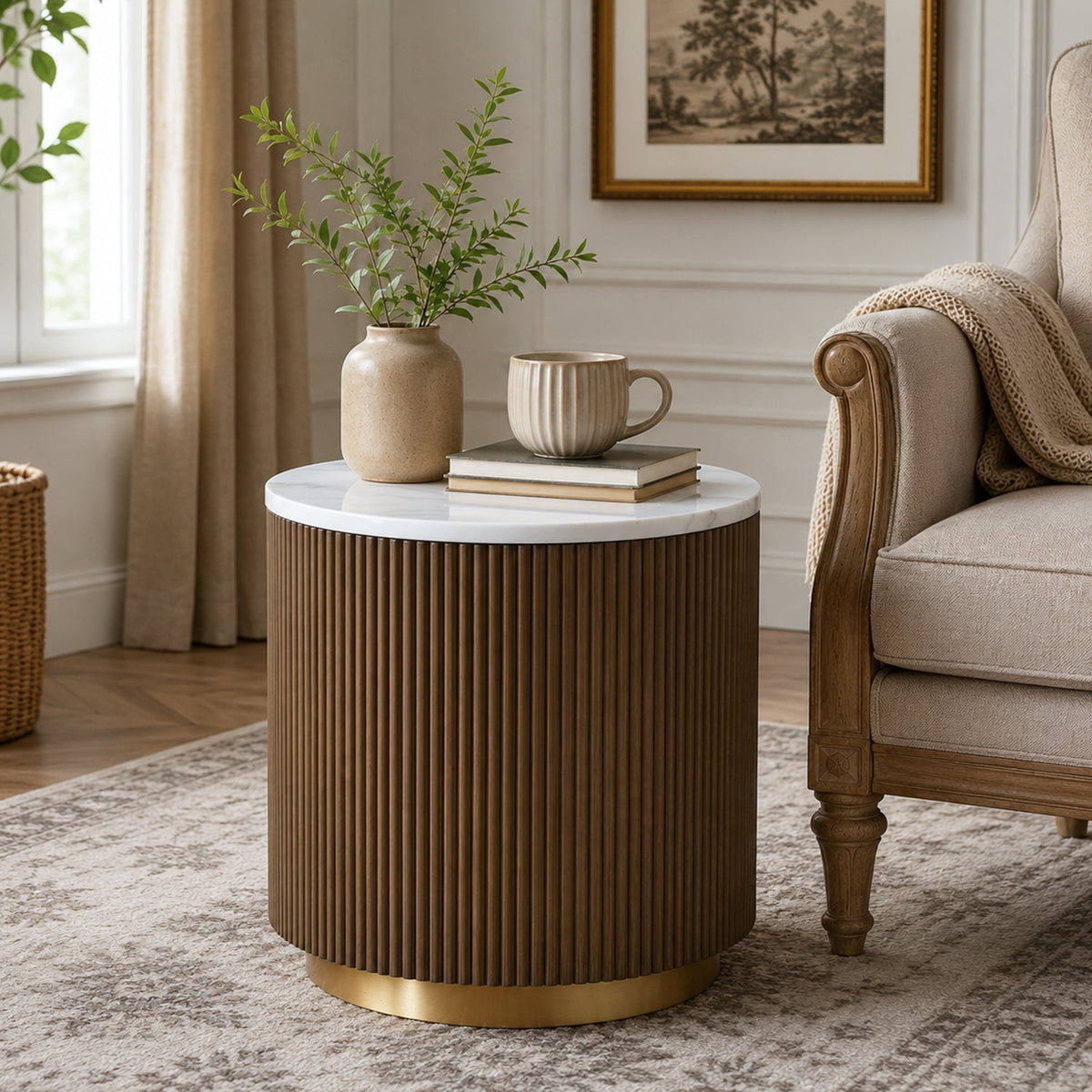 Modern Marble End Table – Genuine Marble Top & Gold Stainless Steel Base