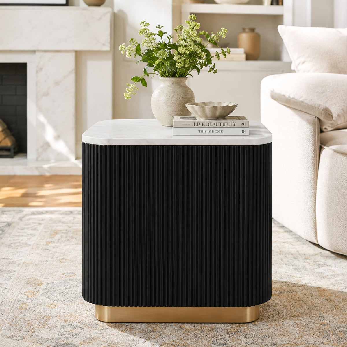 Modern Marble End Table – Genuine Marble Top & Gold Stainless Steel Base