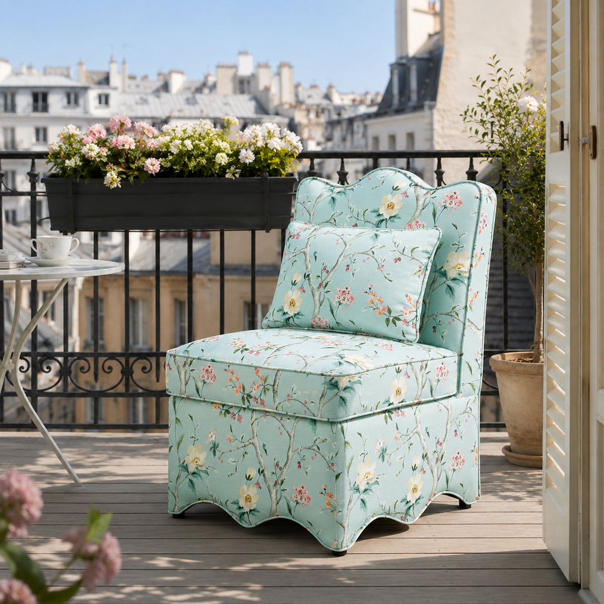 French Farmhouse Accent Chair with Scalloped Back & Upholstered Seat