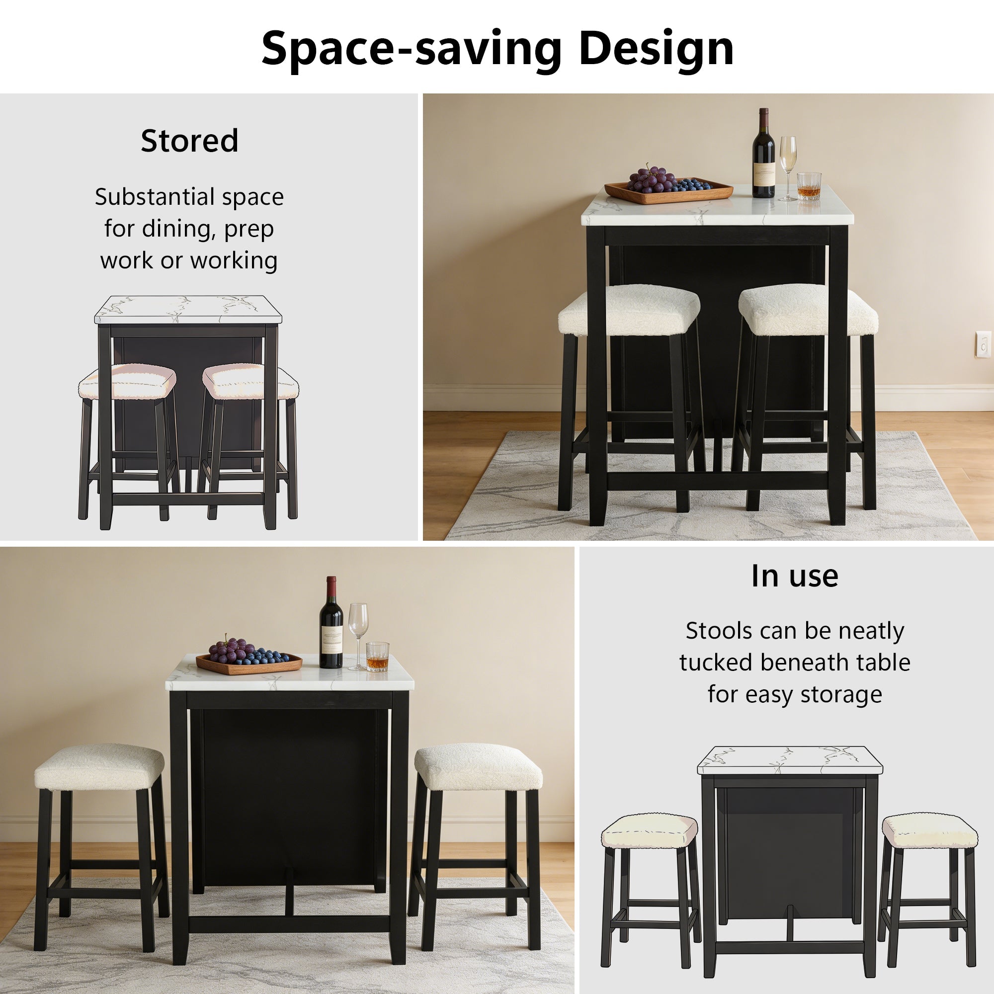 3-Piece Dining Set with USB Charging, Storage Shelves & Boucle Stools, High Gloss Kitchen Table for Small Spaces
