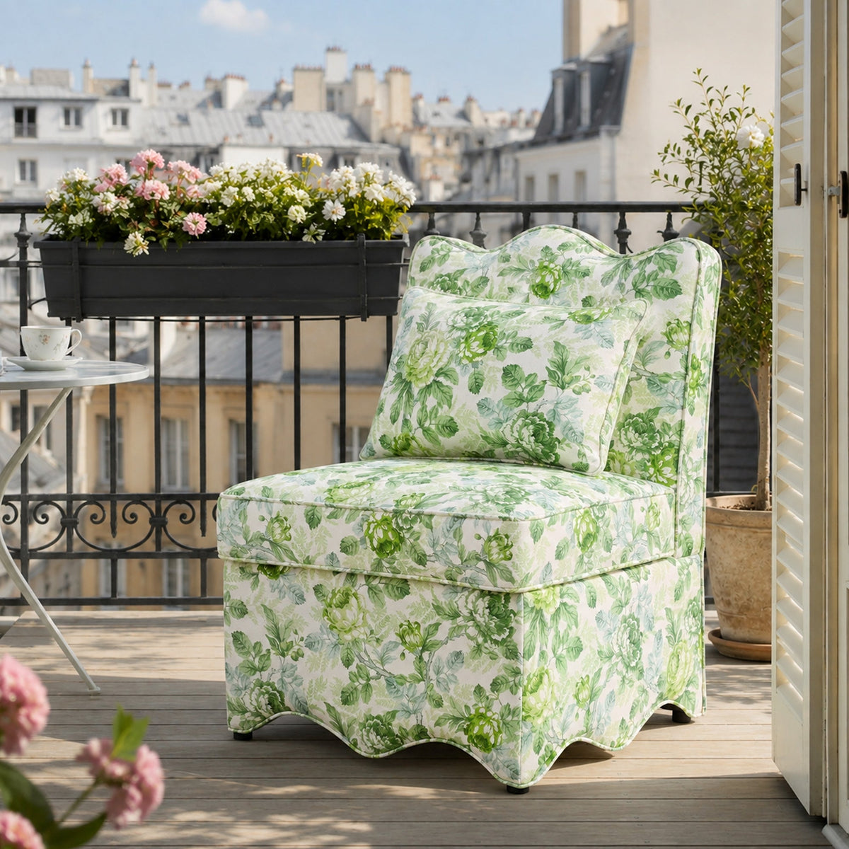 French Farmhouse Accent Chair with Scalloped Back & Upholstered Seat