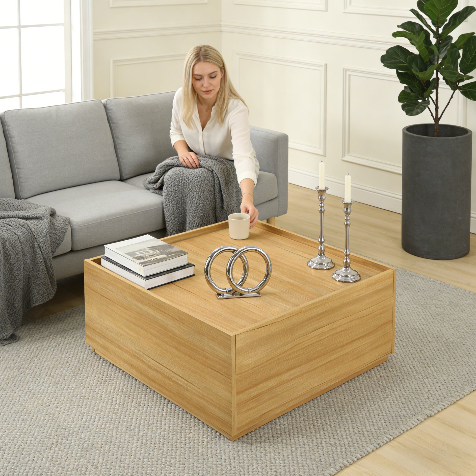 Transitional Coffee Table with Dual Storage Drawers – Modern Wood Look Living Room Table