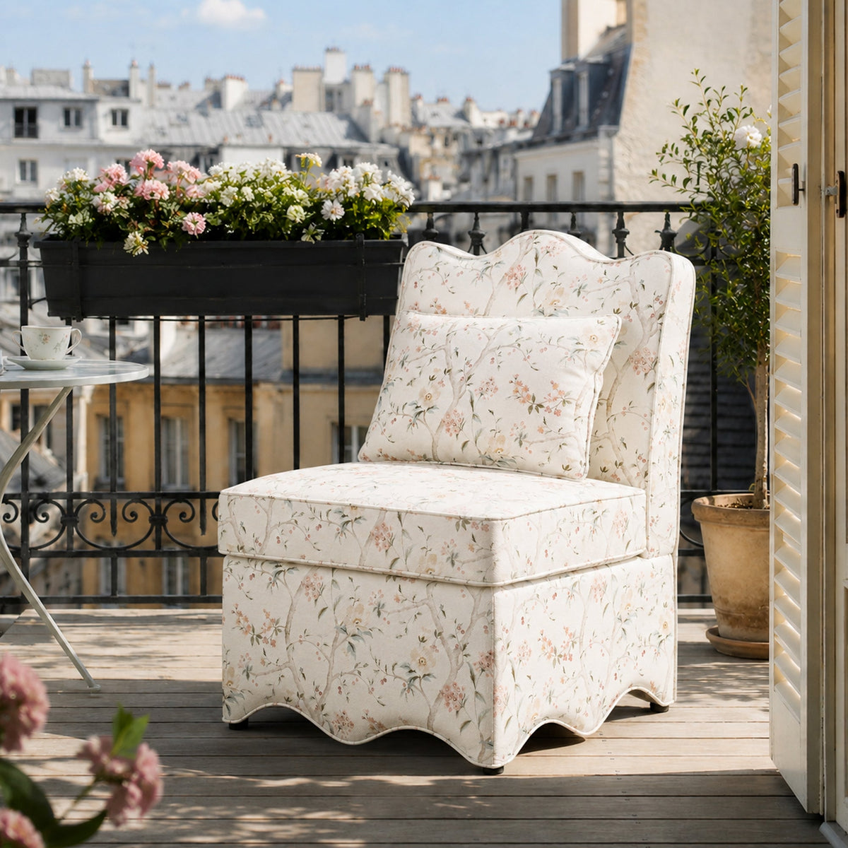 French Farmhouse Accent Chair with Scalloped Back & Upholstered Seat