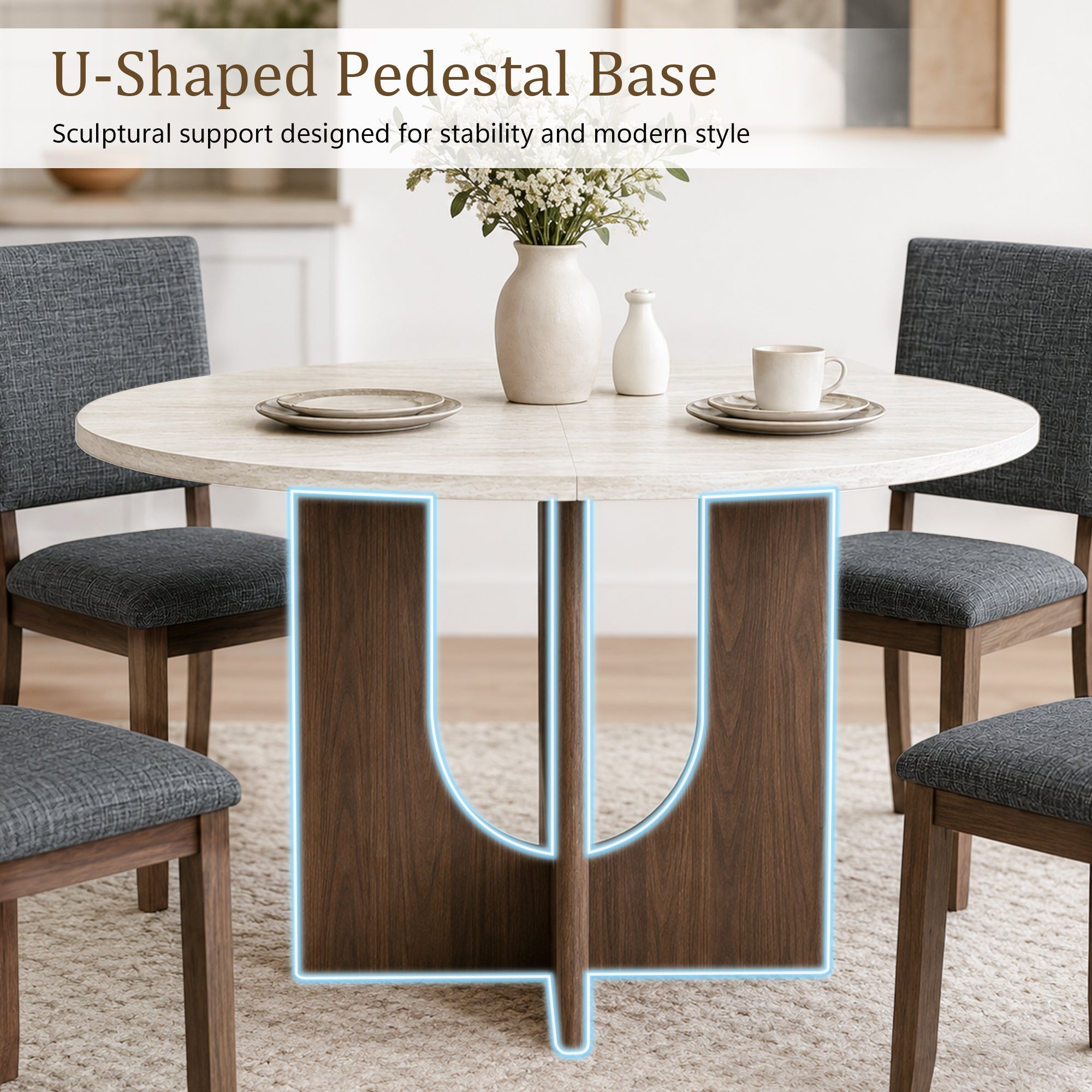 Modern 5-Piece Dining Table Set with 4 Upholstered Chairs – Round Table