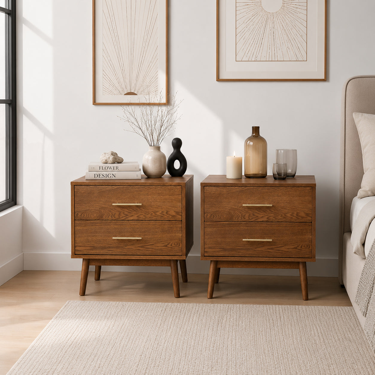 Fully Assembled Mid-Century Modern Walnut Nightstand with Tapered Legs & Nickel Bar Pulls