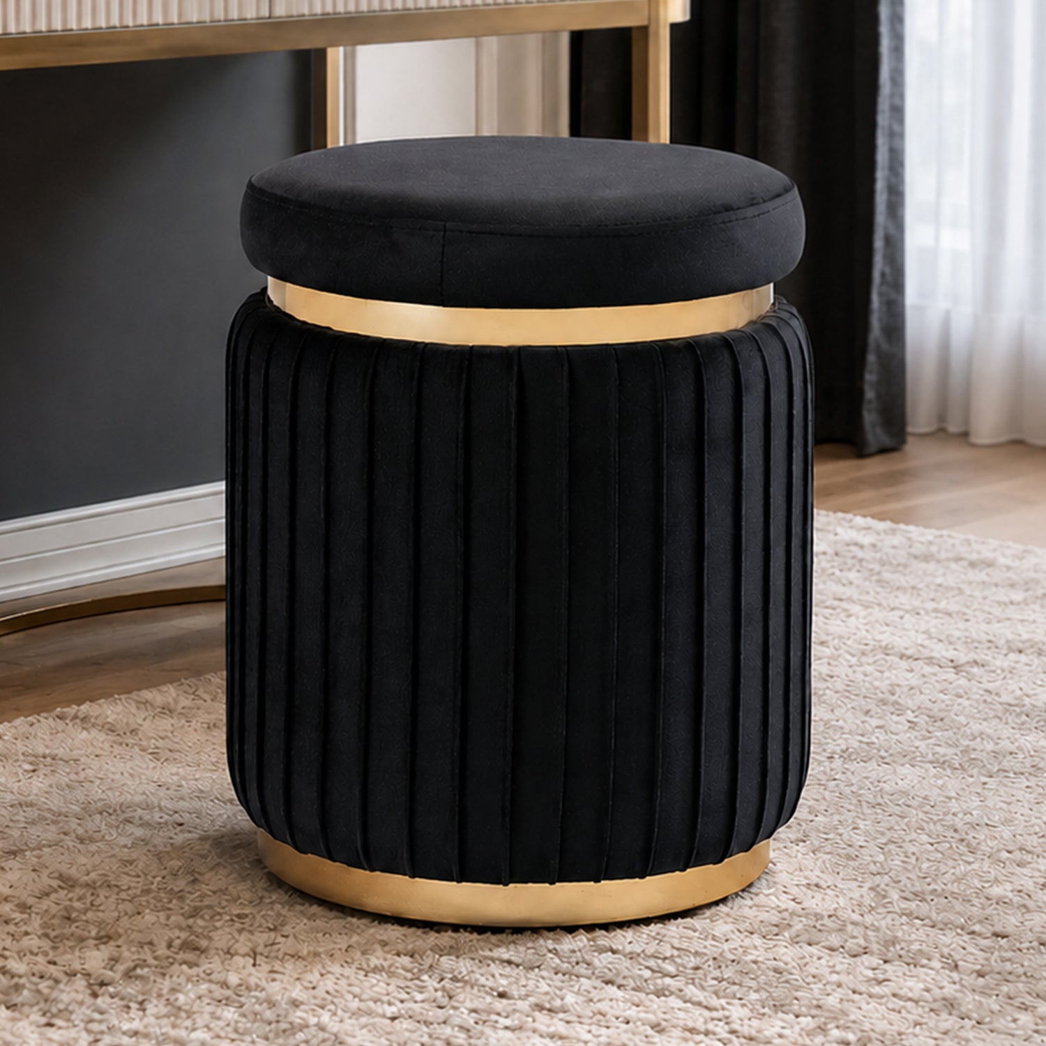 Contemporary Velvet Counter Stool with Gold Trim & Stainless Steel Base – Upholstered Modern Bar Stool